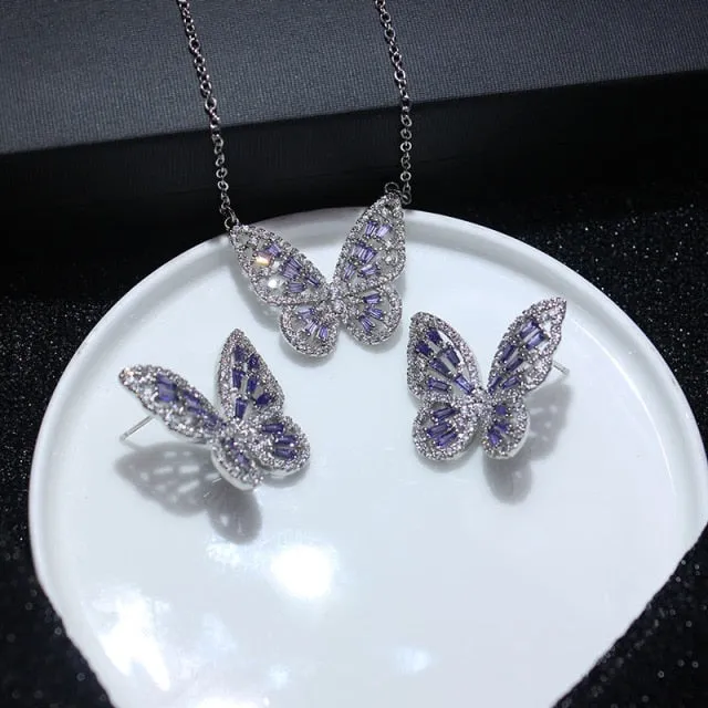 Butterfly Jewelry Sets - Necklaces and Luxury Cubic Zircon CZ Stud Earrings