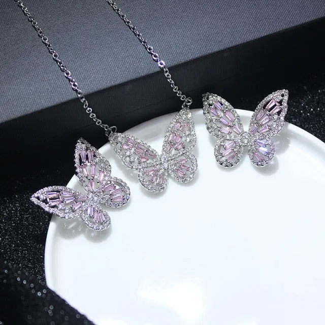 Butterfly Jewelry Sets - Necklaces and Luxury Cubic Zircon CZ Stud Earrings