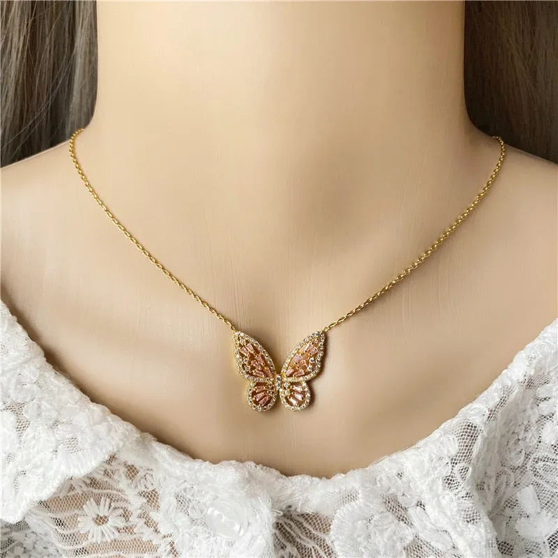 Butterfly Jewelry Sets - Necklaces and Luxury Cubic Zircon CZ Stud Earrings