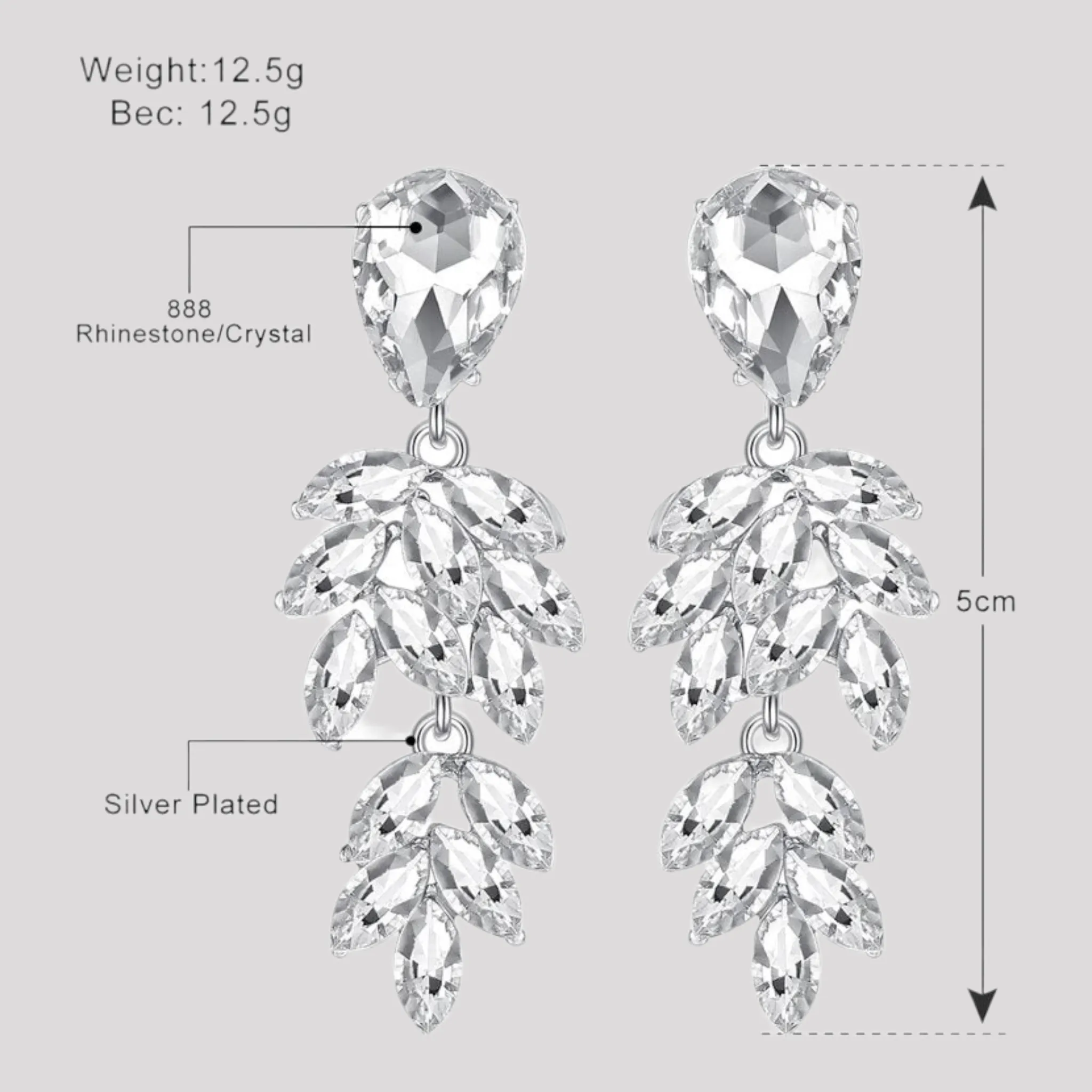 Champagne or Silver Crystal Leaf Drop Earrings