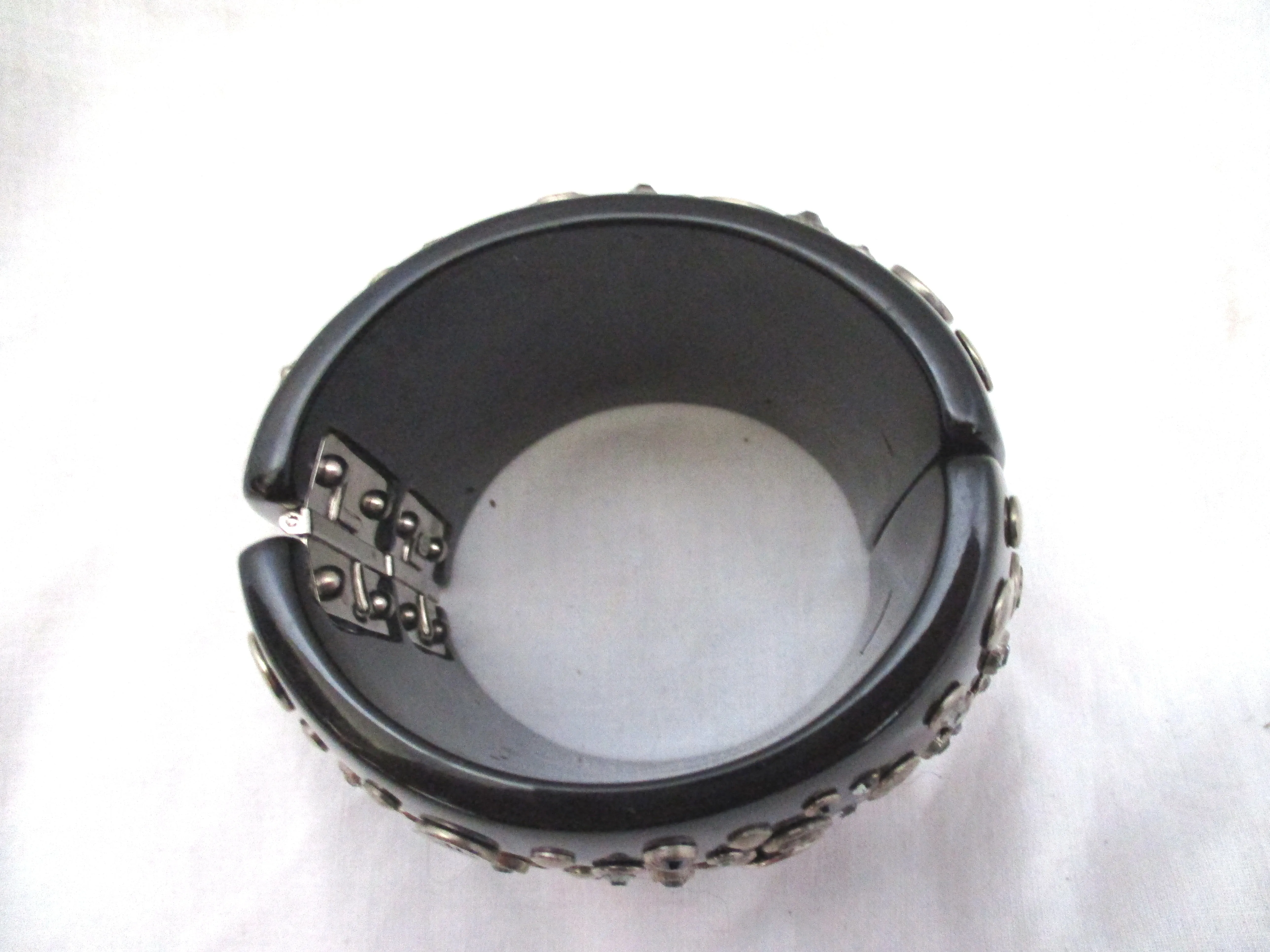 CHANEL RHINESTONE Stuff Resin CUFF Bracelet BLACK SILVER Luxury