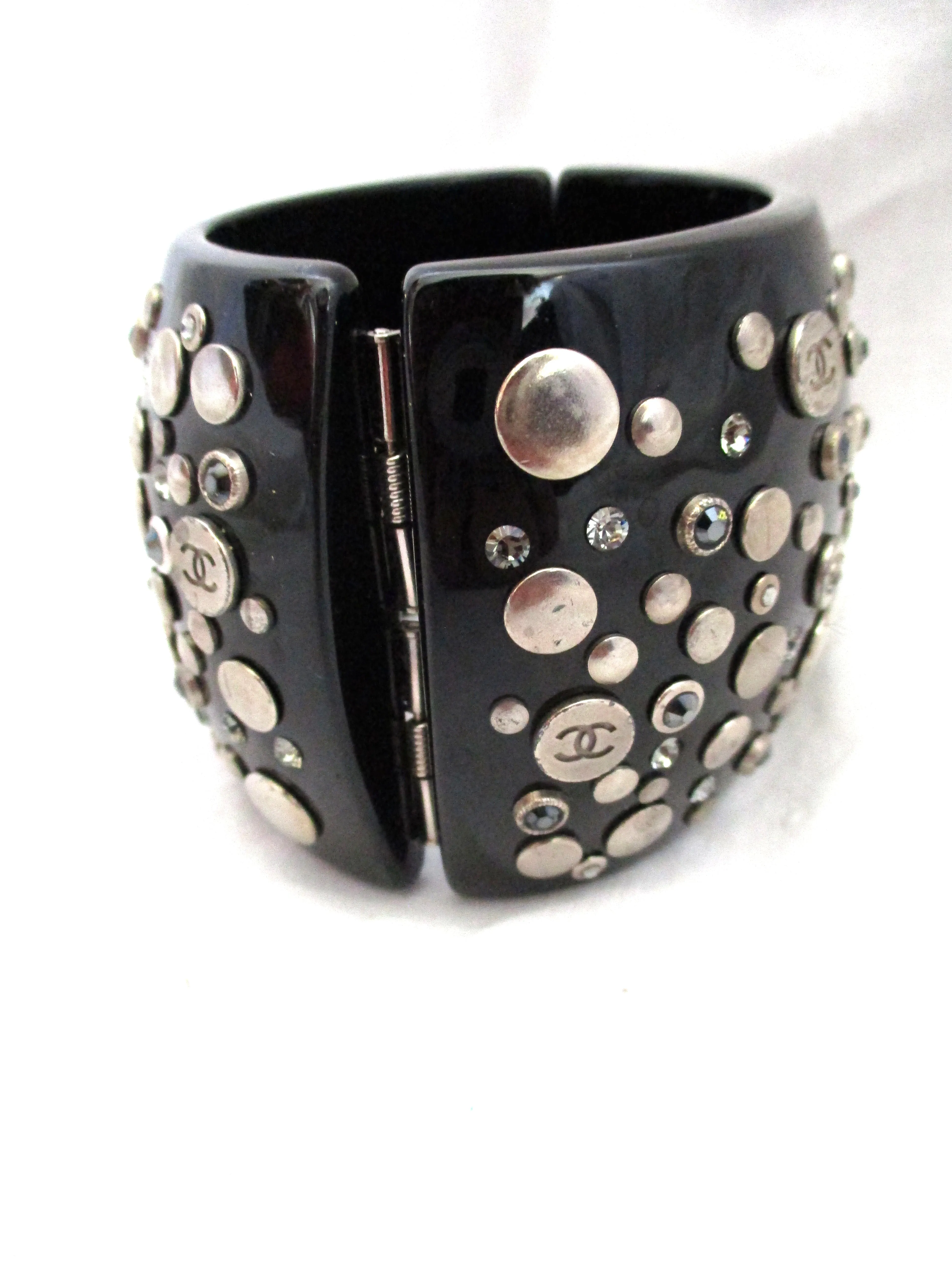 CHANEL RHINESTONE Stuff Resin CUFF Bracelet BLACK SILVER Luxury