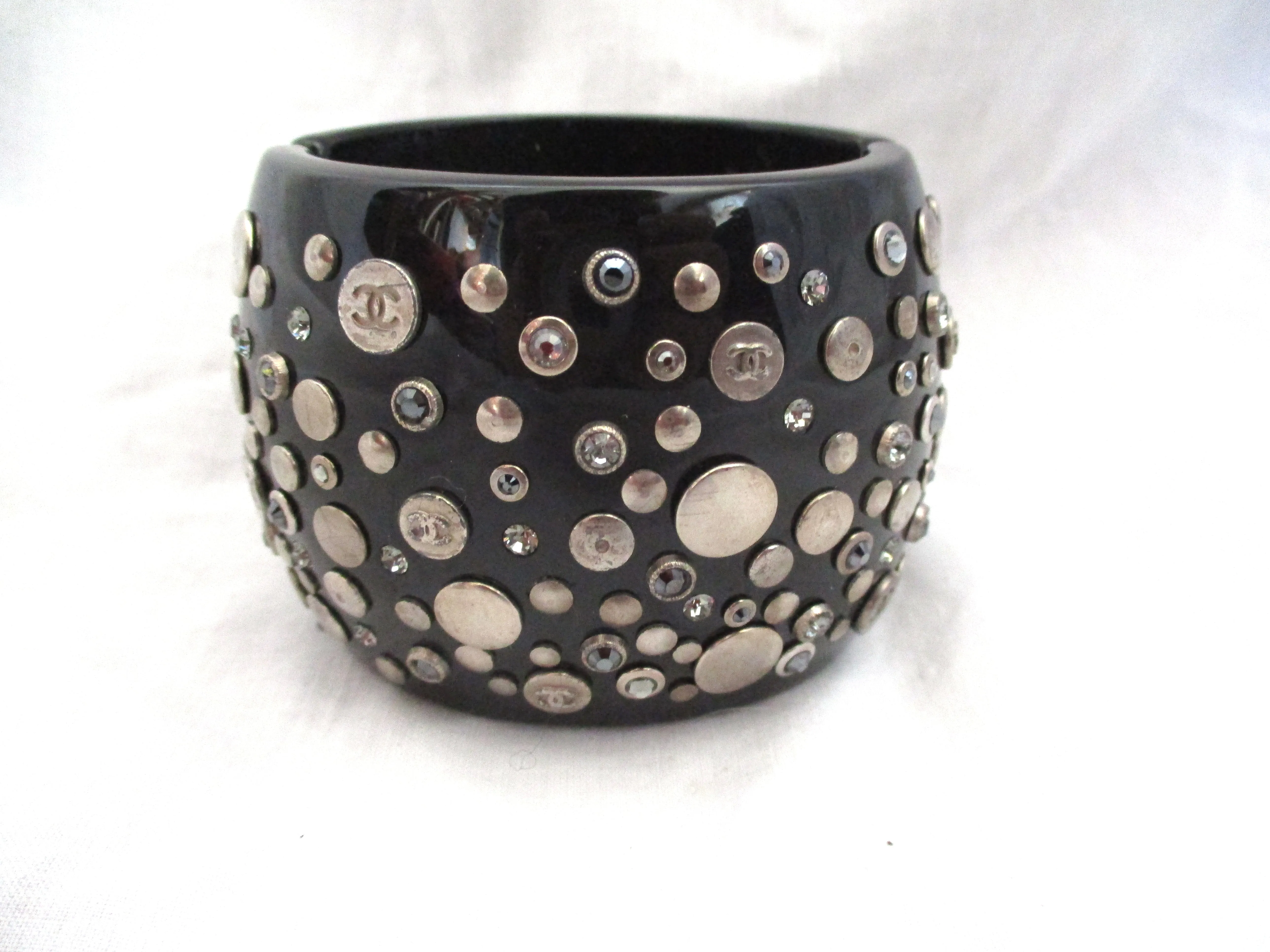 CHANEL RHINESTONE Stuff Resin CUFF Bracelet BLACK SILVER Luxury