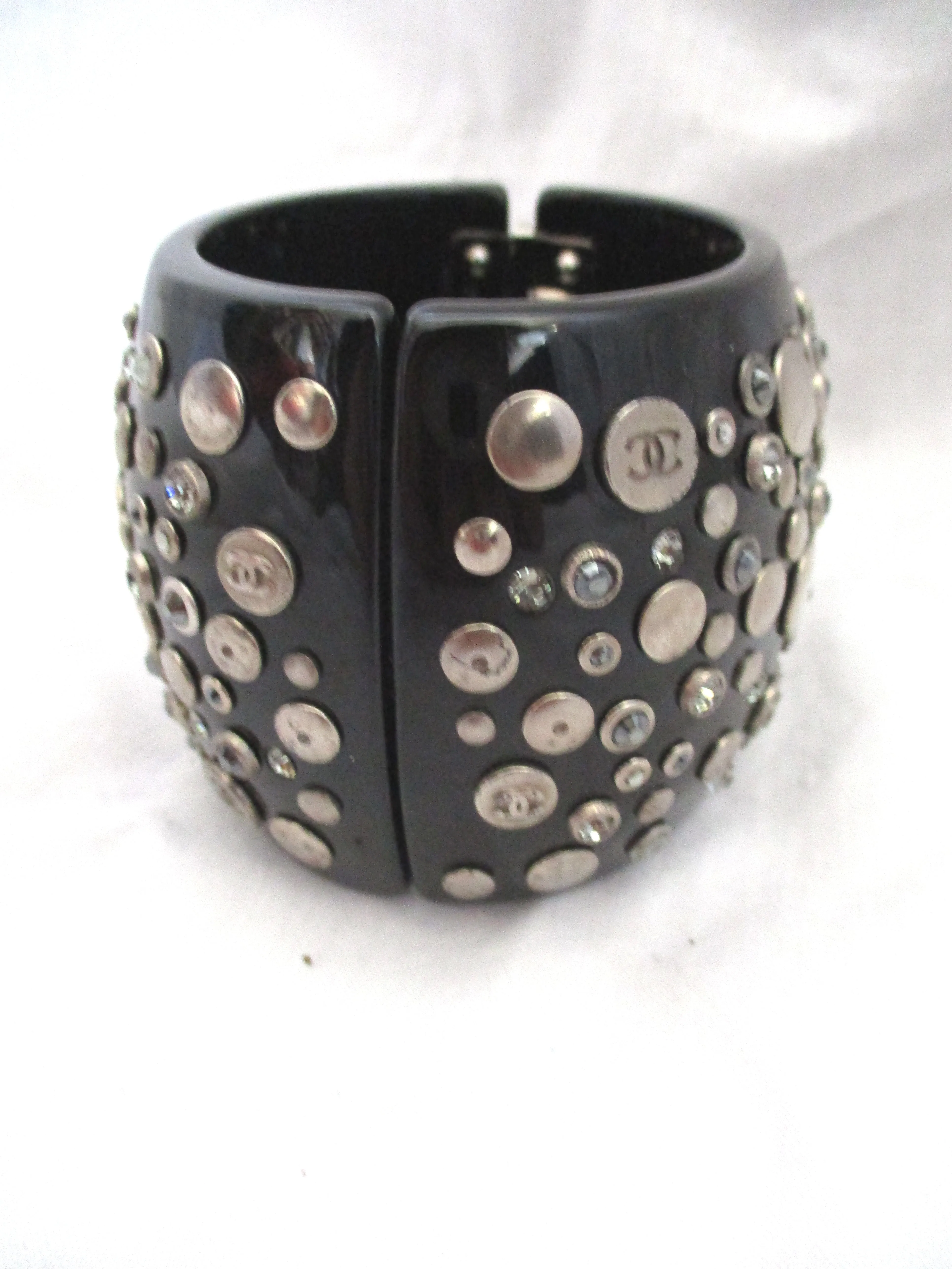 CHANEL RHINESTONE Stuff Resin CUFF Bracelet BLACK SILVER Luxury