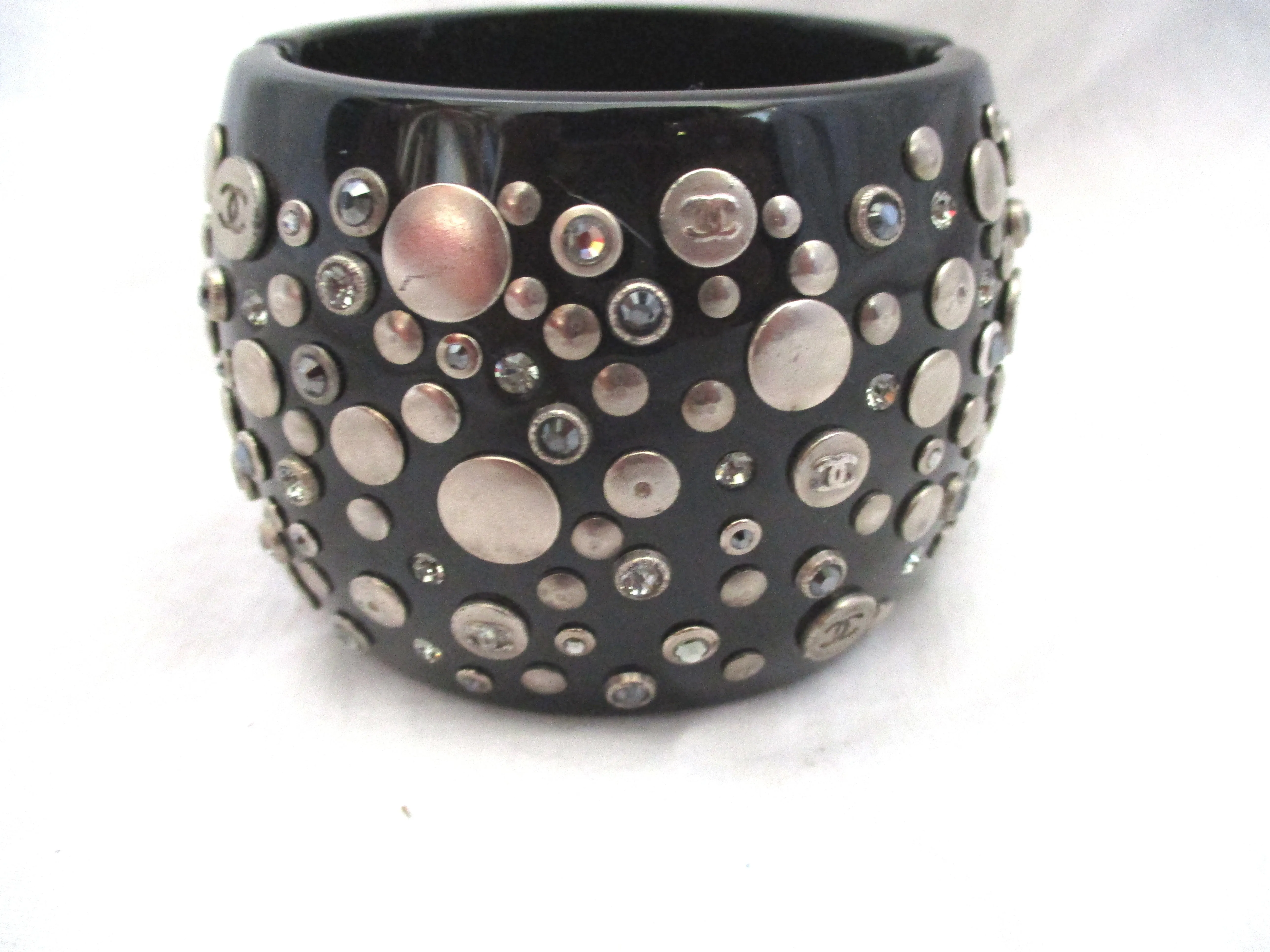 CHANEL RHINESTONE Stuff Resin CUFF Bracelet BLACK SILVER Luxury