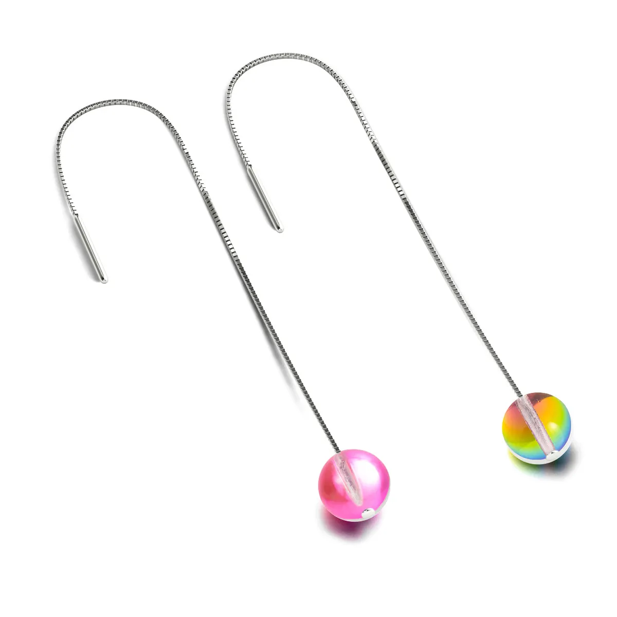 Cherry Borealis | .925 Sterling Silver | Galaxy Glass Chain Drop Threader Earrings