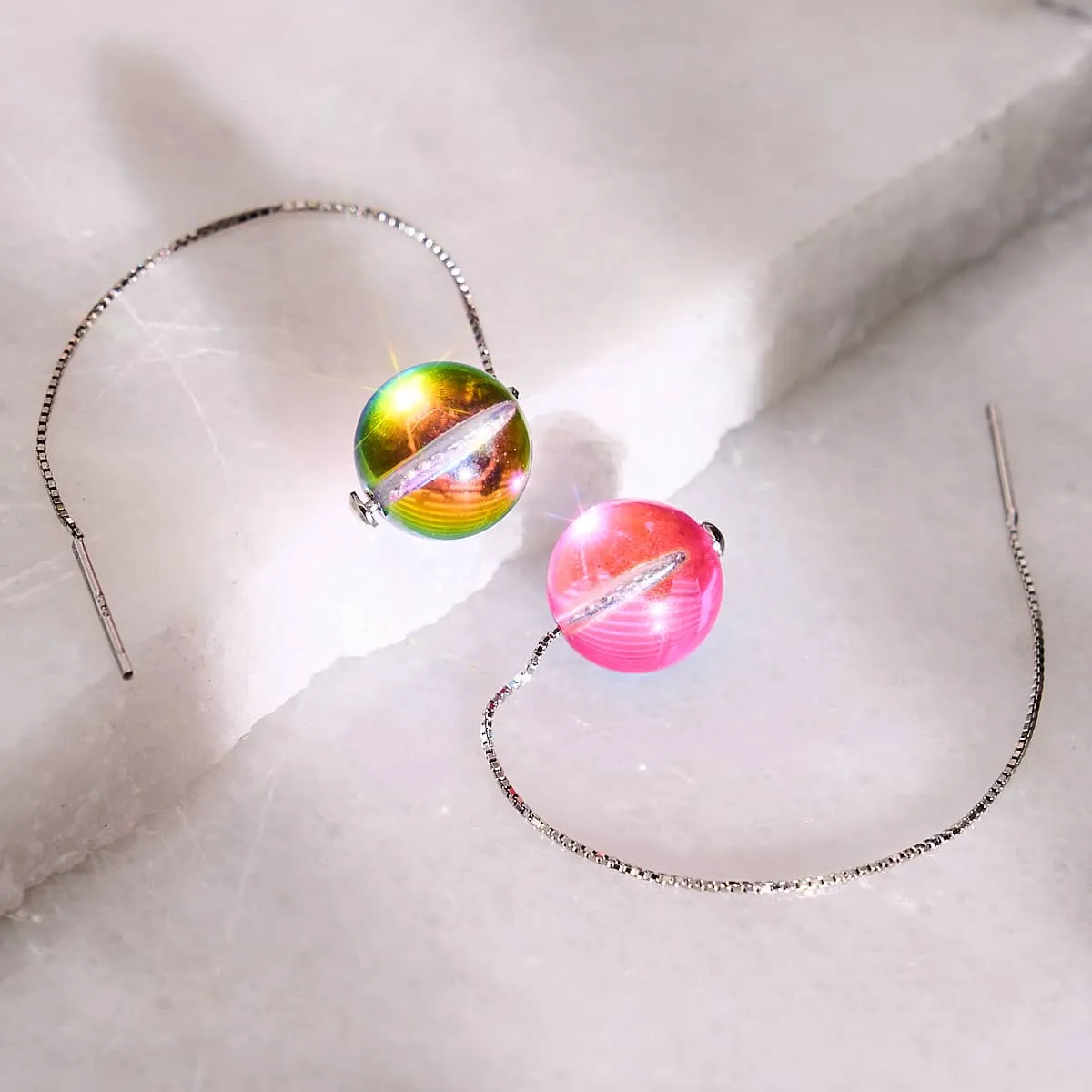 Cherry Borealis | .925 Sterling Silver | Galaxy Glass Chain Drop Threader Earrings