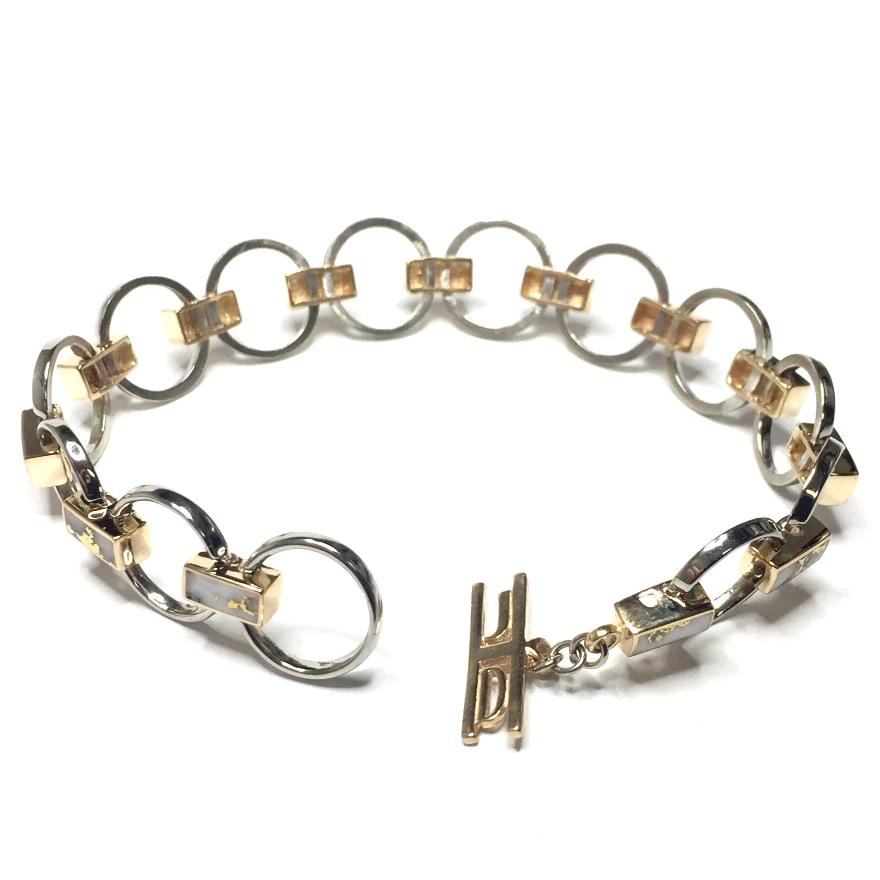 Circle and Rectangle Link Inlaid Gold Quartz Bracelet w/ Toggle Clasp