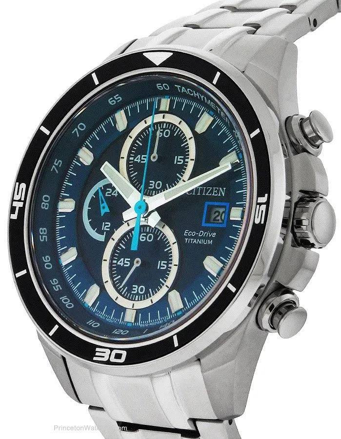 Citizen Eco-Drive Mens Titanium Chronograph - Bracelet - Blue Dial - Date - 100m