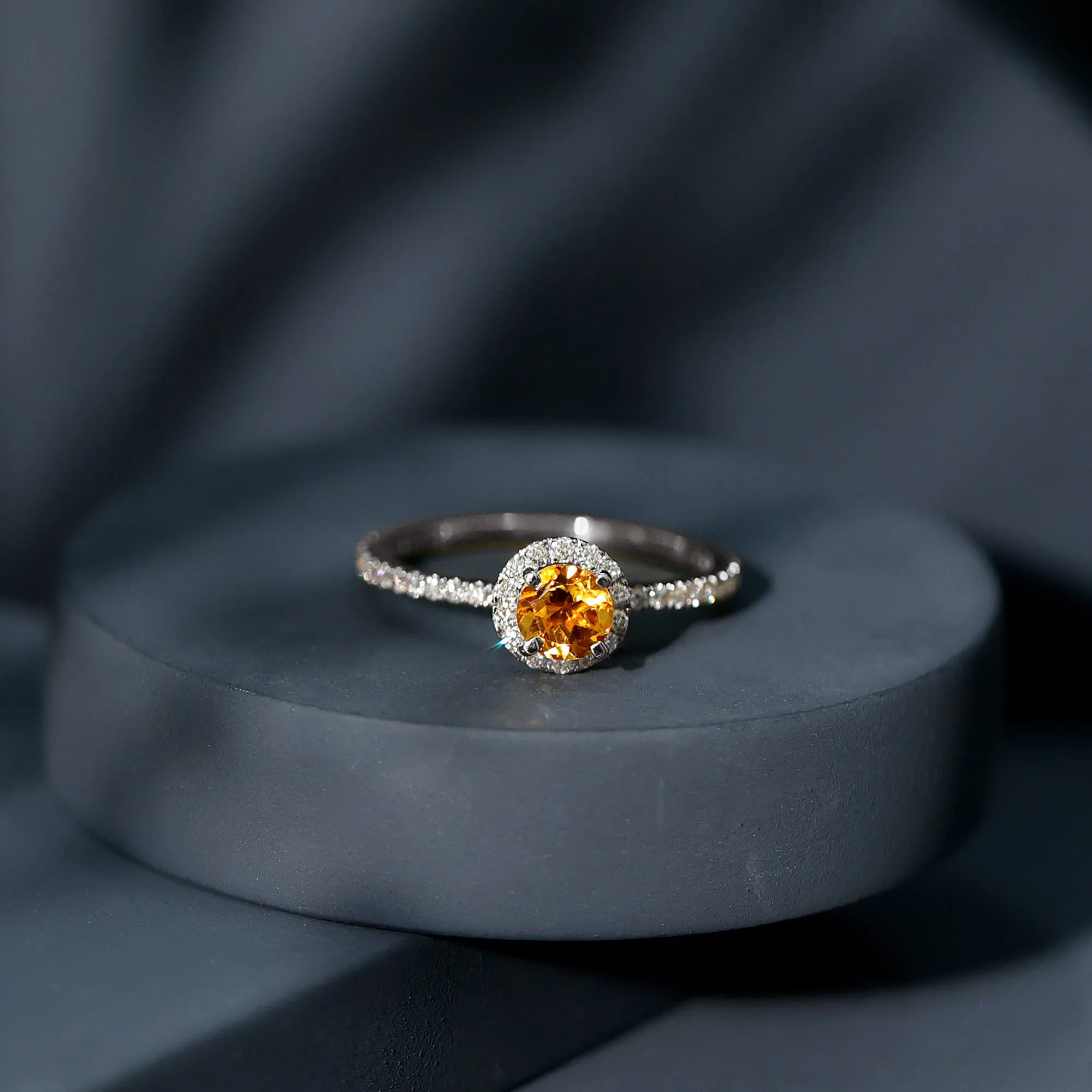 Citrine and Diamond Halo Engagement Ring with Side Stones