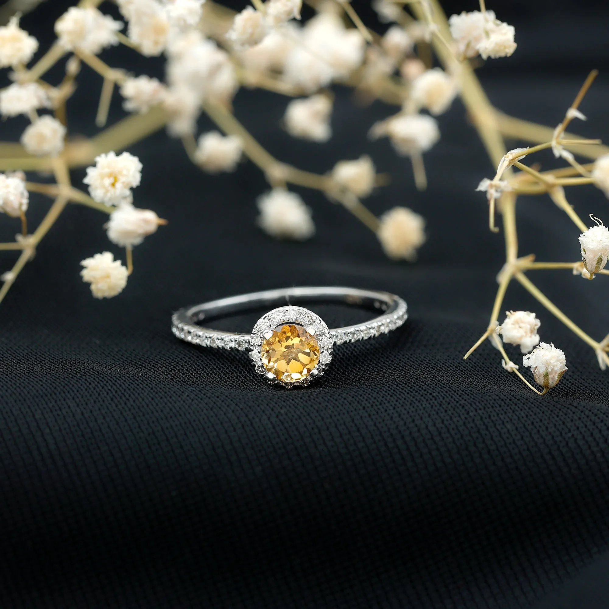 Citrine and Diamond Halo Engagement Ring with Side Stones