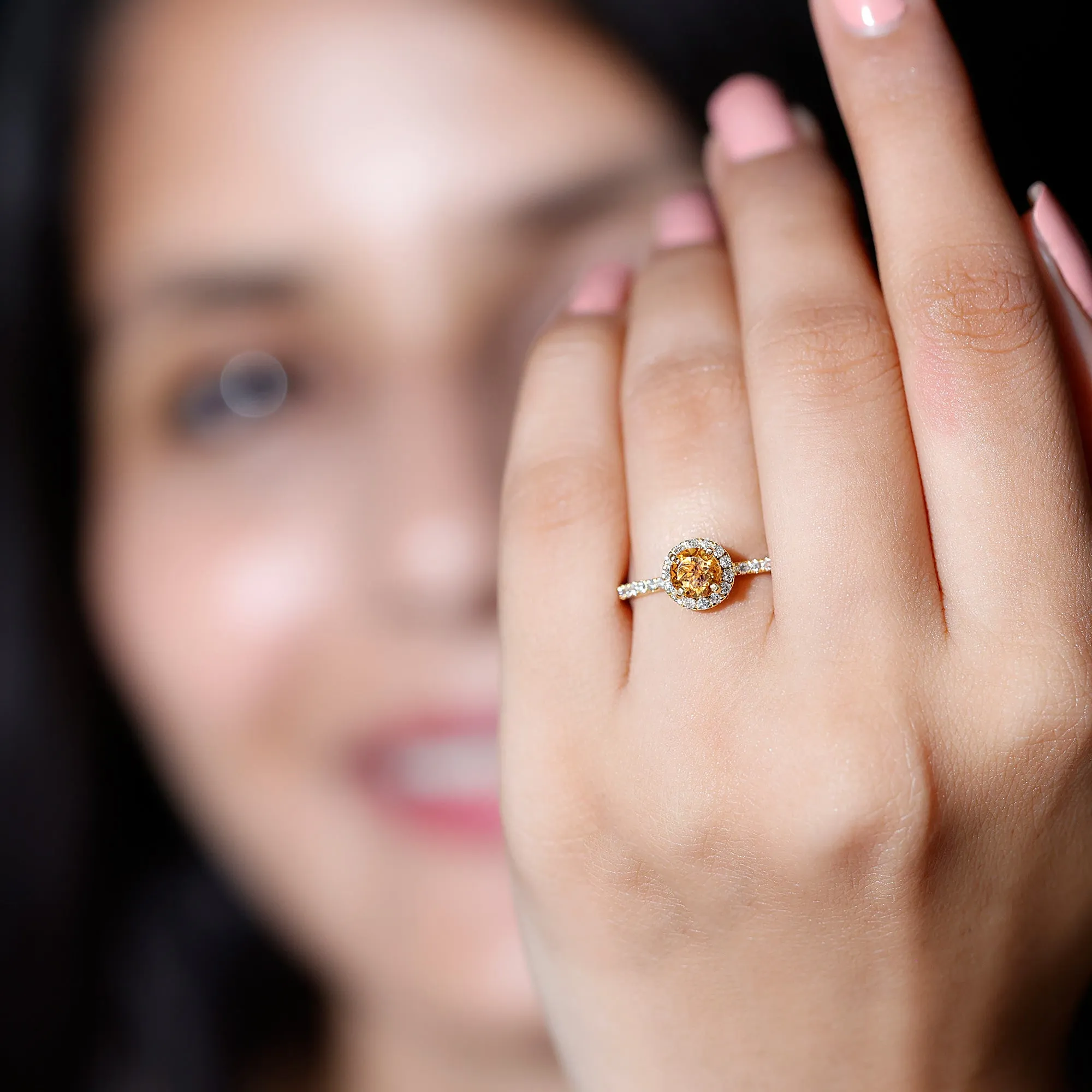 Citrine and Diamond Halo Engagement Ring with Side Stones