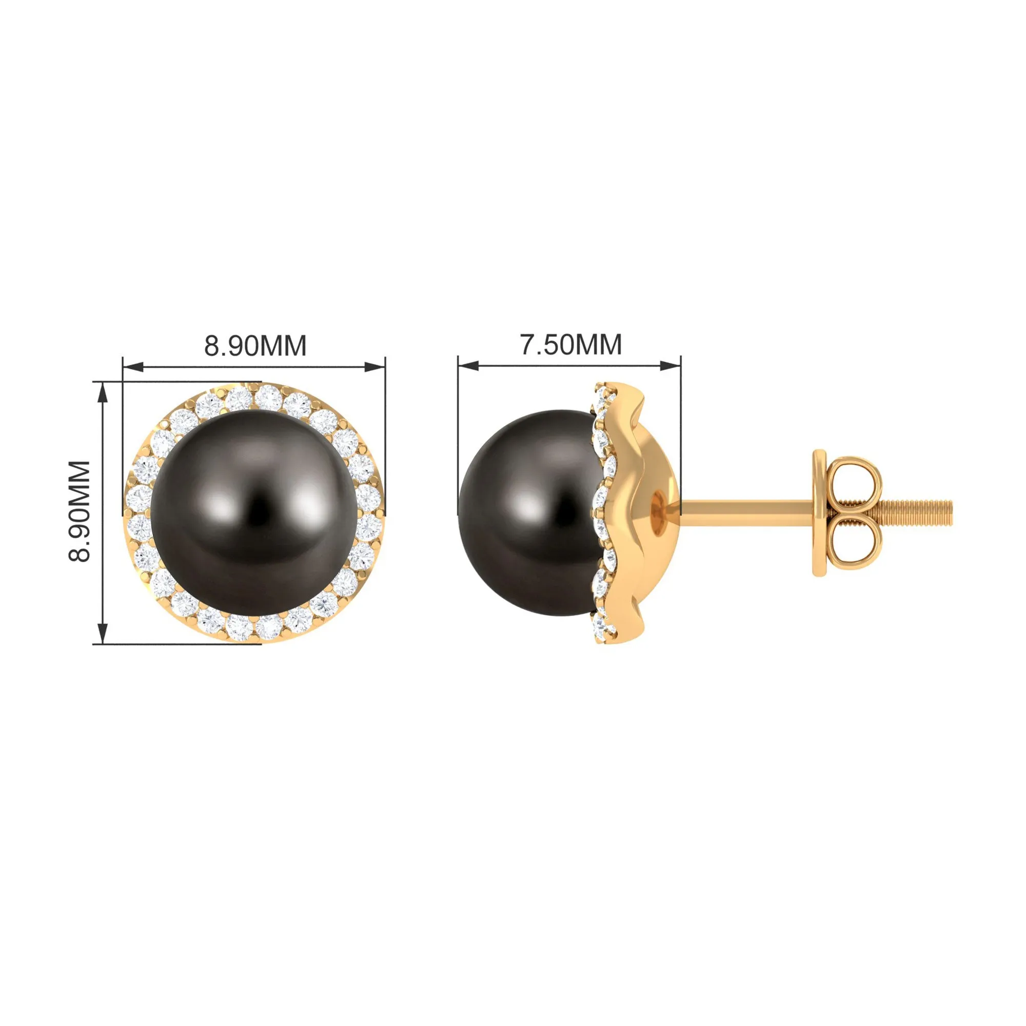 Classic Tahitian Pearl Stud Earrings with Diamond Halo