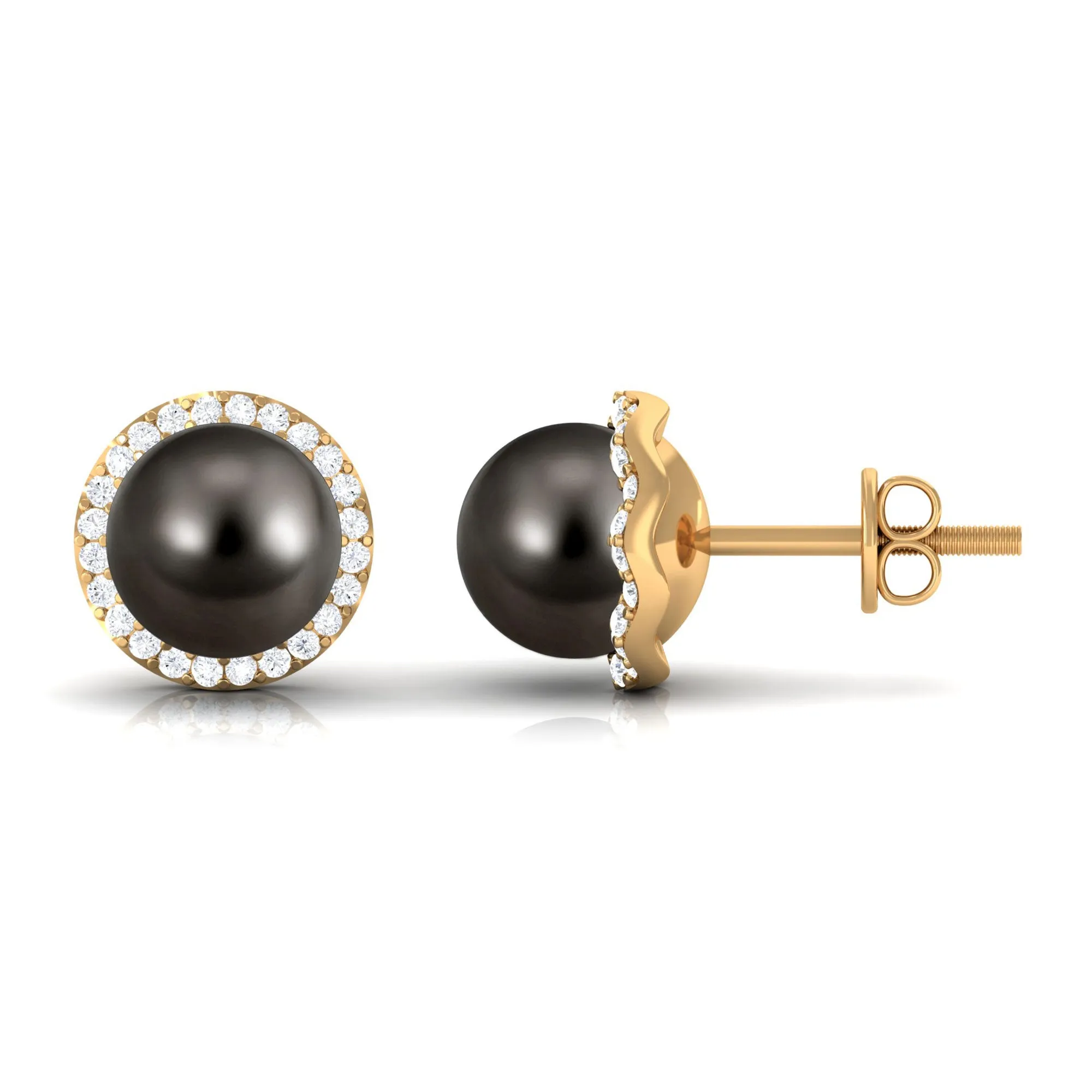 Classic Tahitian Pearl Stud Earrings with Diamond Halo