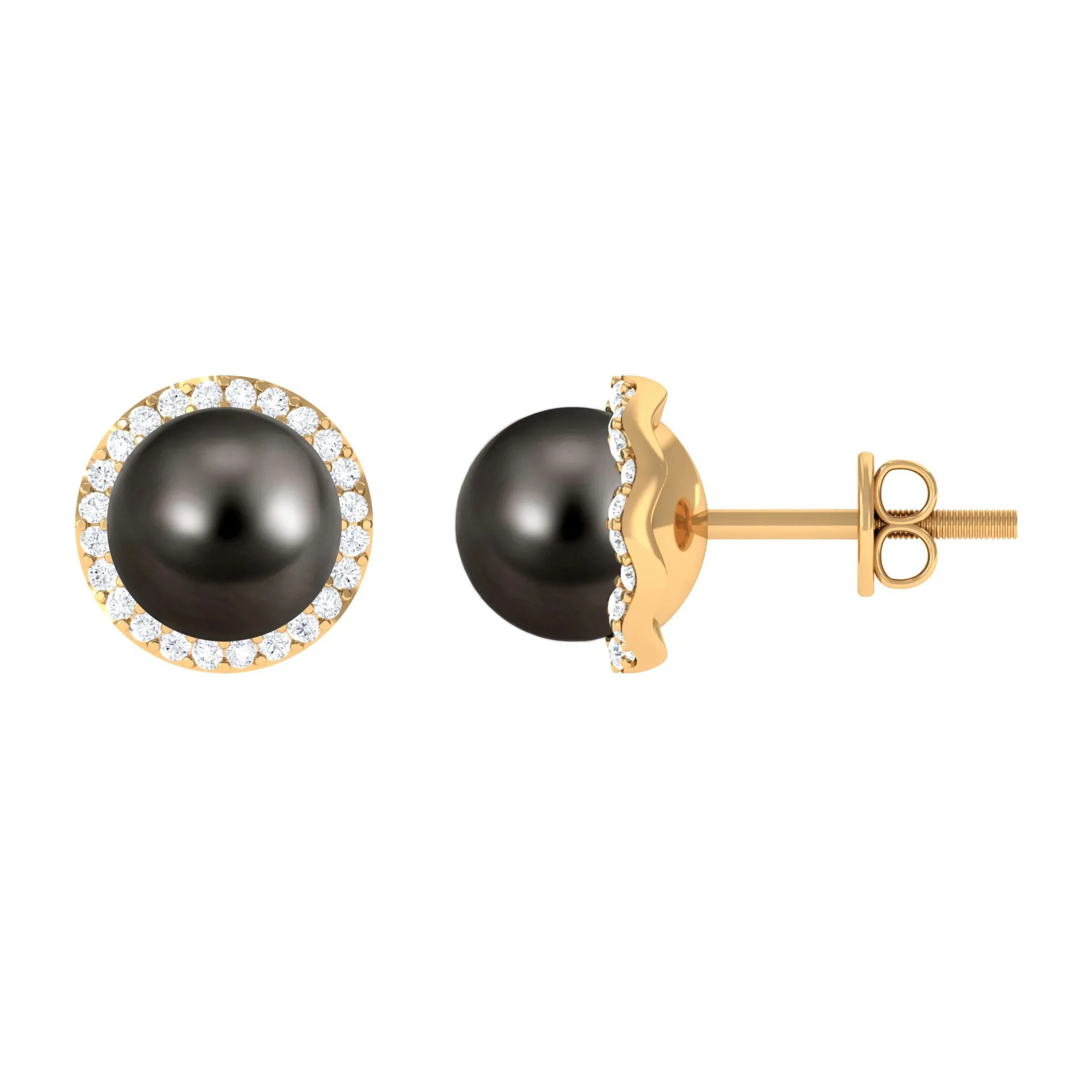 Classic Tahitian Pearl Stud Earrings with Diamond Halo