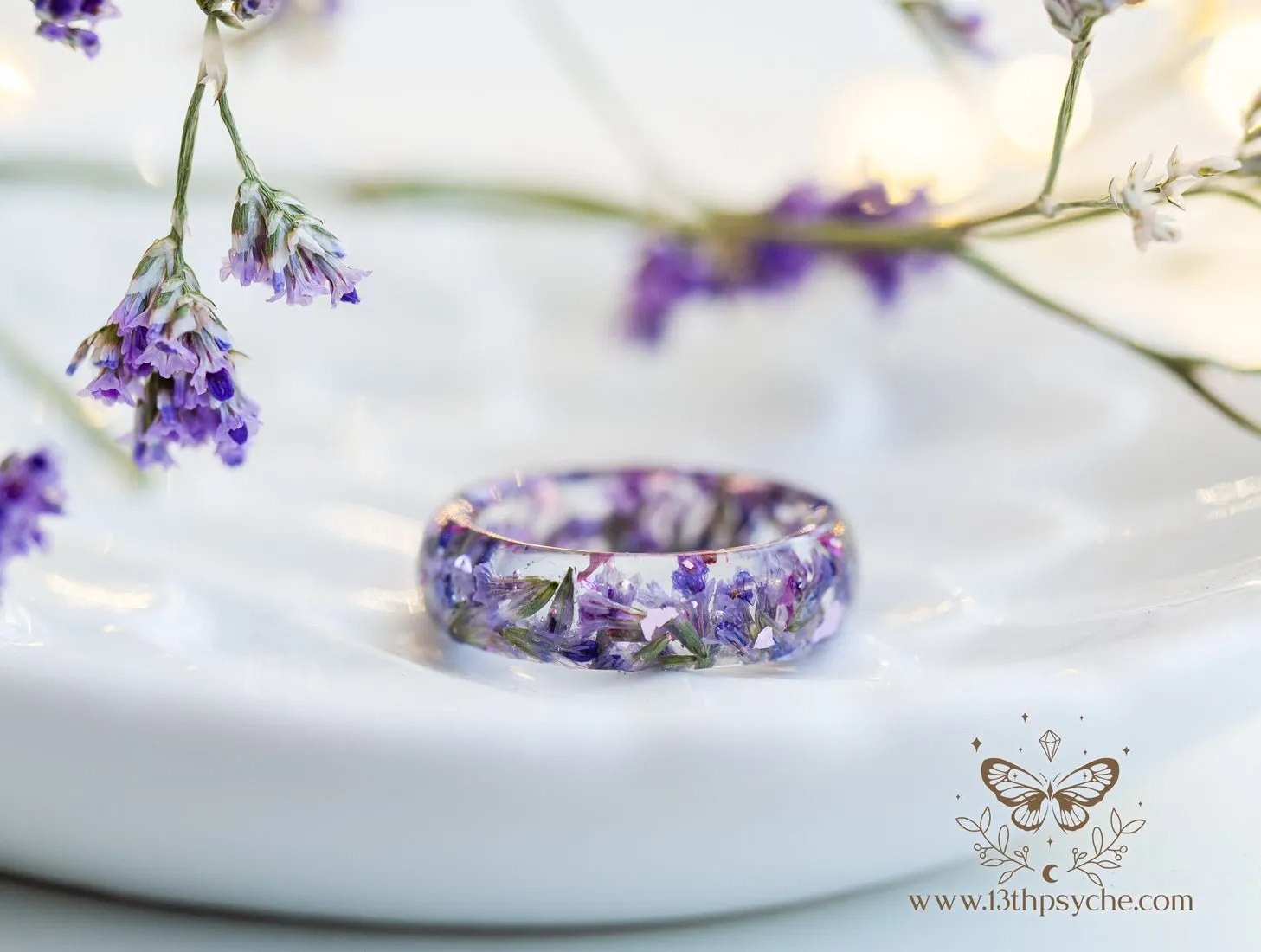 Clear Resin ring with dried lilac flowers