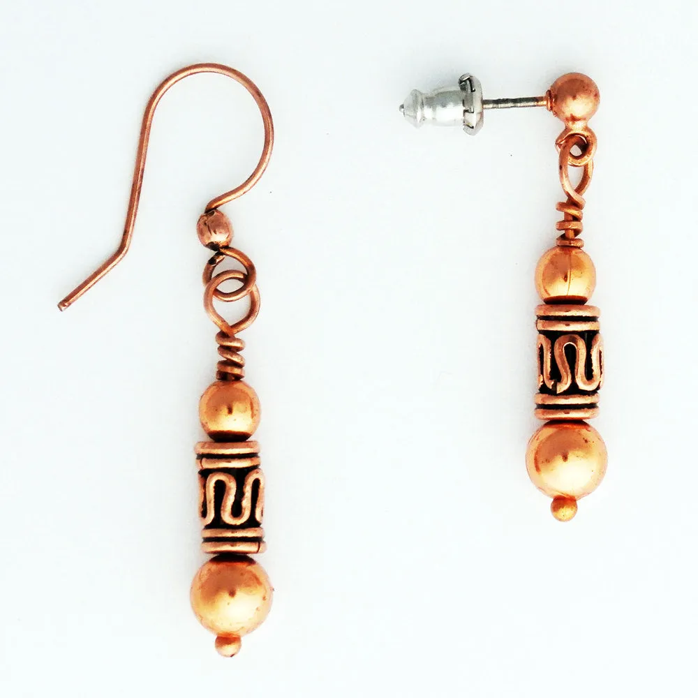 Copper Earrings With Russian Blue Amazonite And Handmade Copper Beads ECD21RA Solid Copper Earrings Blue Gemstone Beads