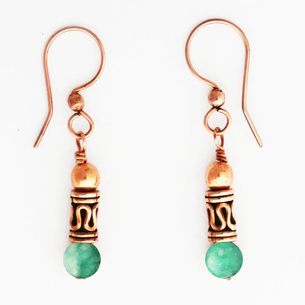 Copper Earrings With Russian Blue Amazonite And Handmade Copper Beads ECD21RA Solid Copper Earrings Blue Gemstone Beads