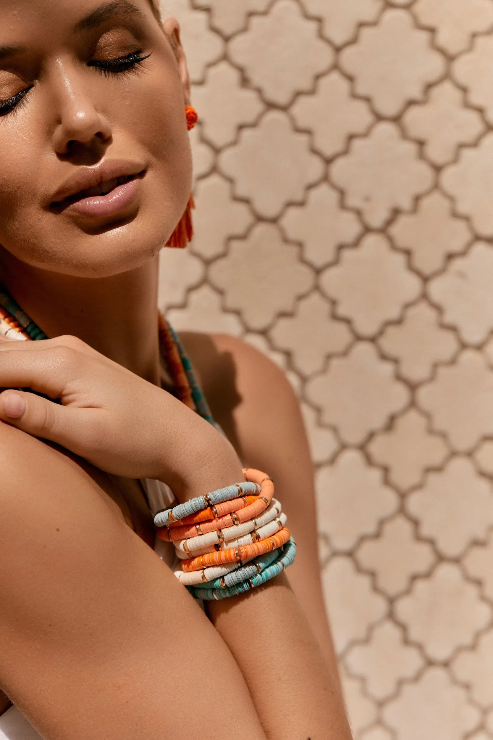 Coral Bead Panels - Stretch Trio Elastic Bracelet.