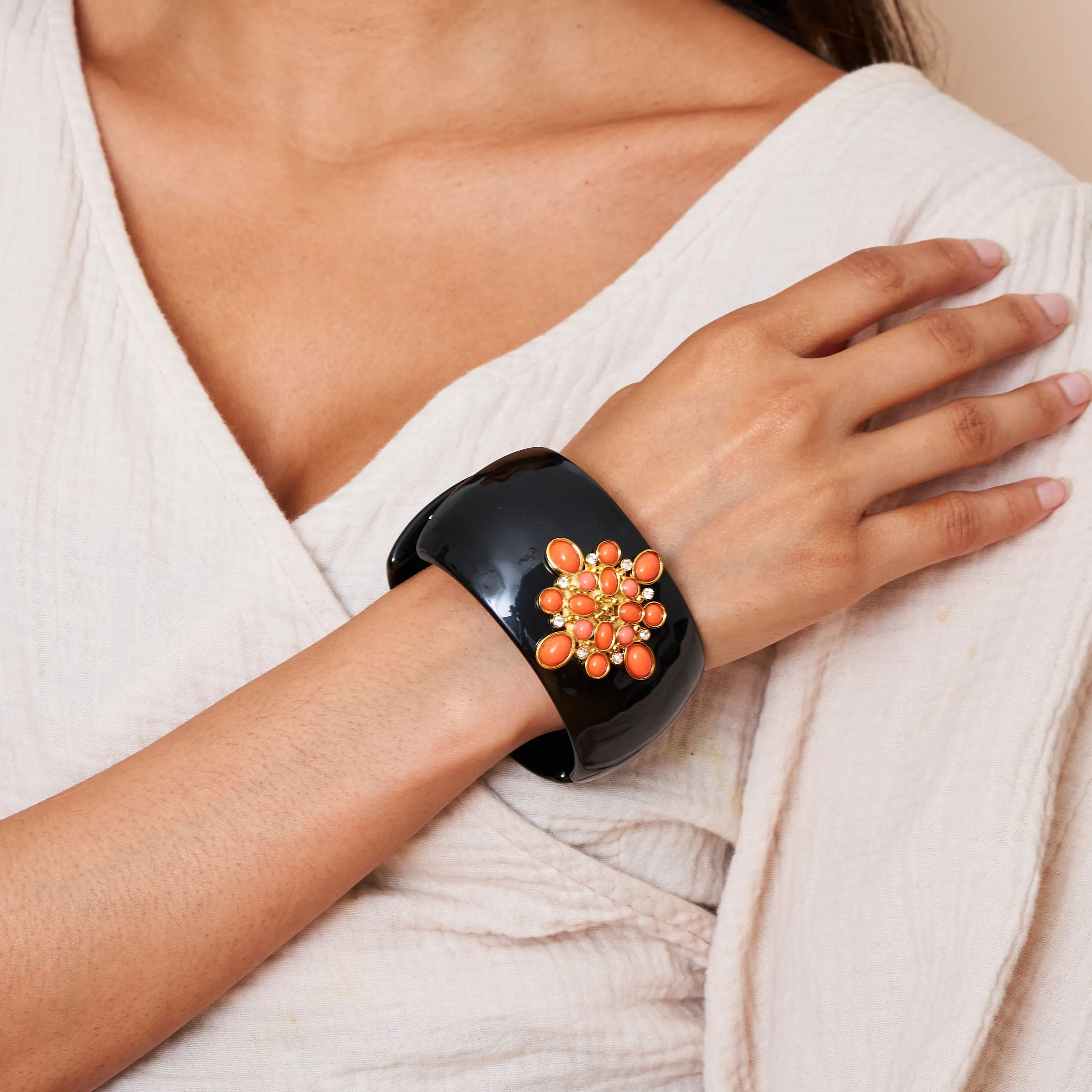 Coral Cabochon & Black Cuff Bracelet