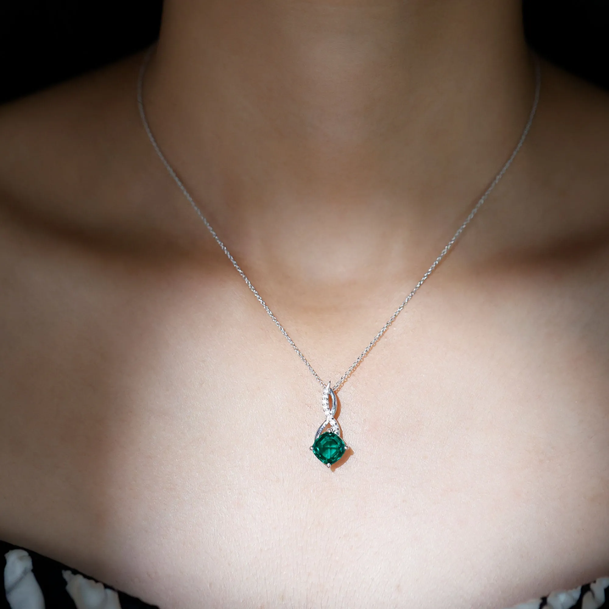 Cushion Cut Created Emerald Solitaire Infinity Pendant with Moissanite