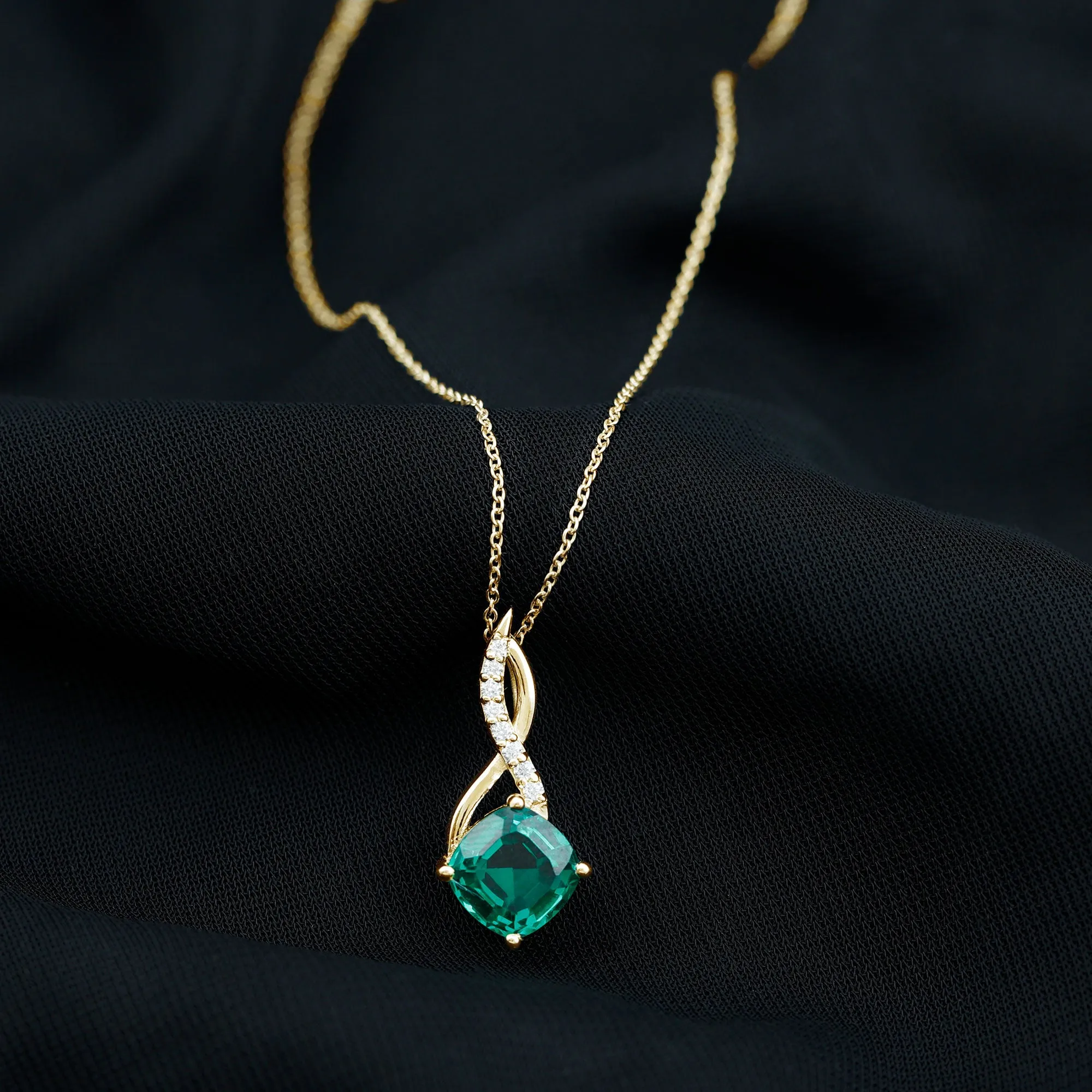 Cushion Cut Created Emerald Solitaire Infinity Pendant with Moissanite