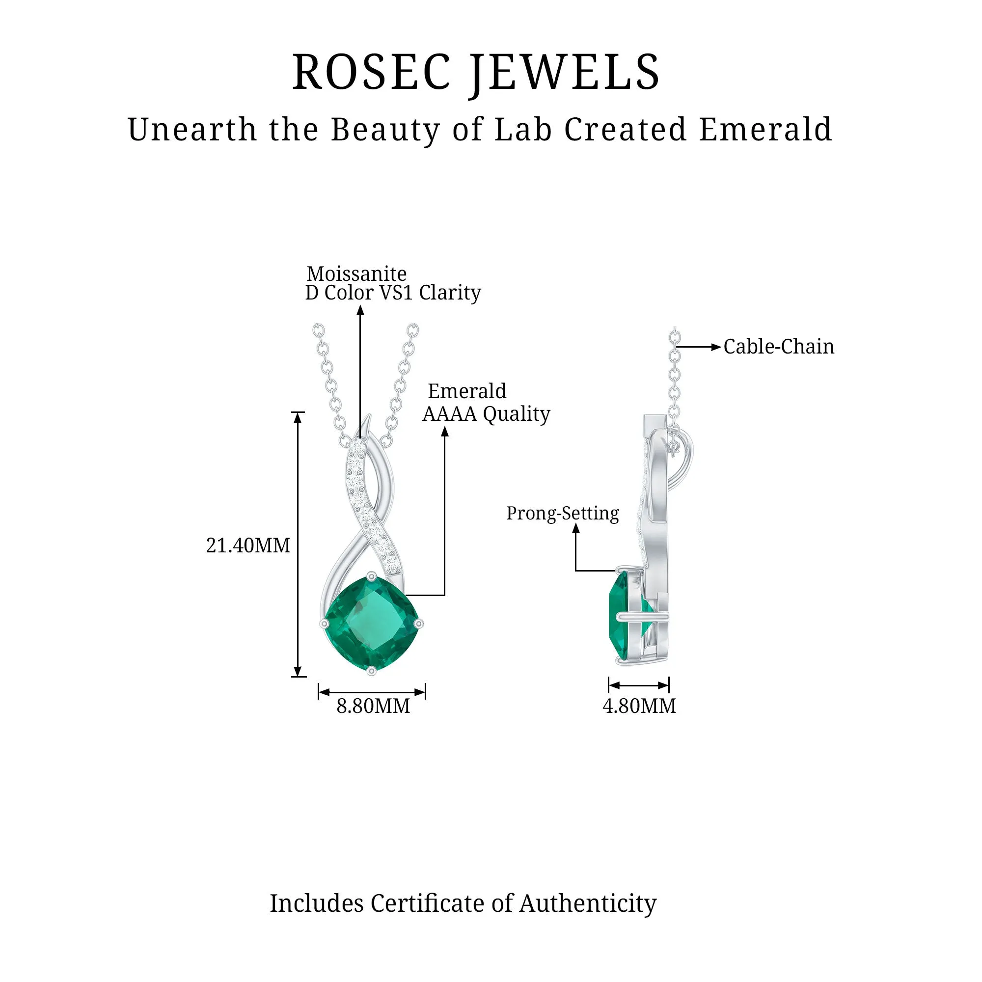 Cushion Cut Created Emerald Solitaire Infinity Pendant with Moissanite