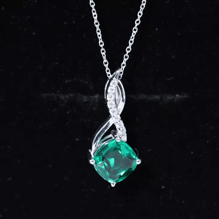 Cushion Cut Created Emerald Solitaire Infinity Pendant with Moissanite