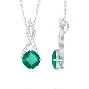 Cushion Cut Created Emerald Solitaire Infinity Pendant with Moissanite