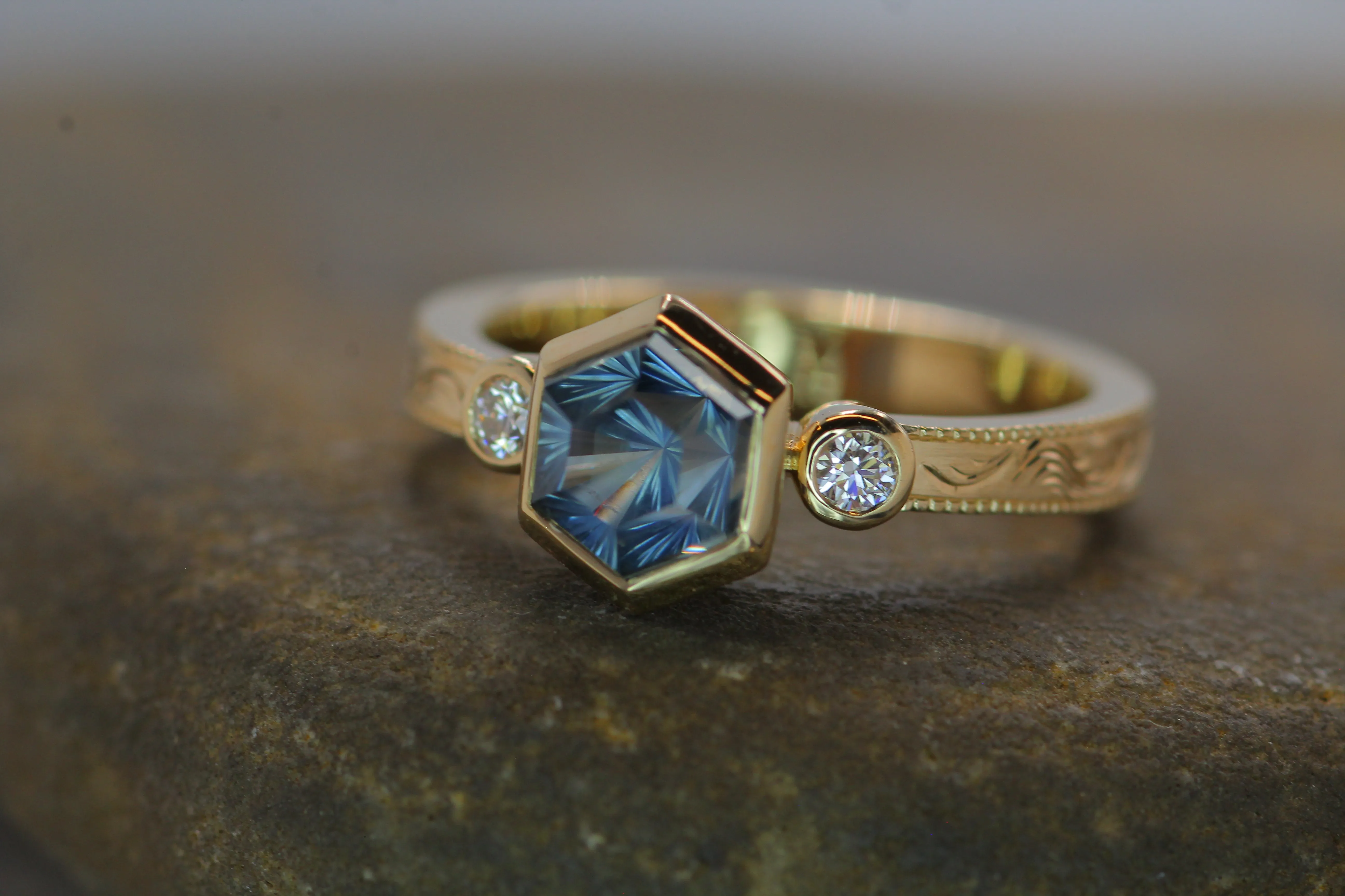 Custom Listing for Nick - 14kt Rose Gold Montana Sapphire and Diamond Multi Bezel Ring with Bright Cut Engraving