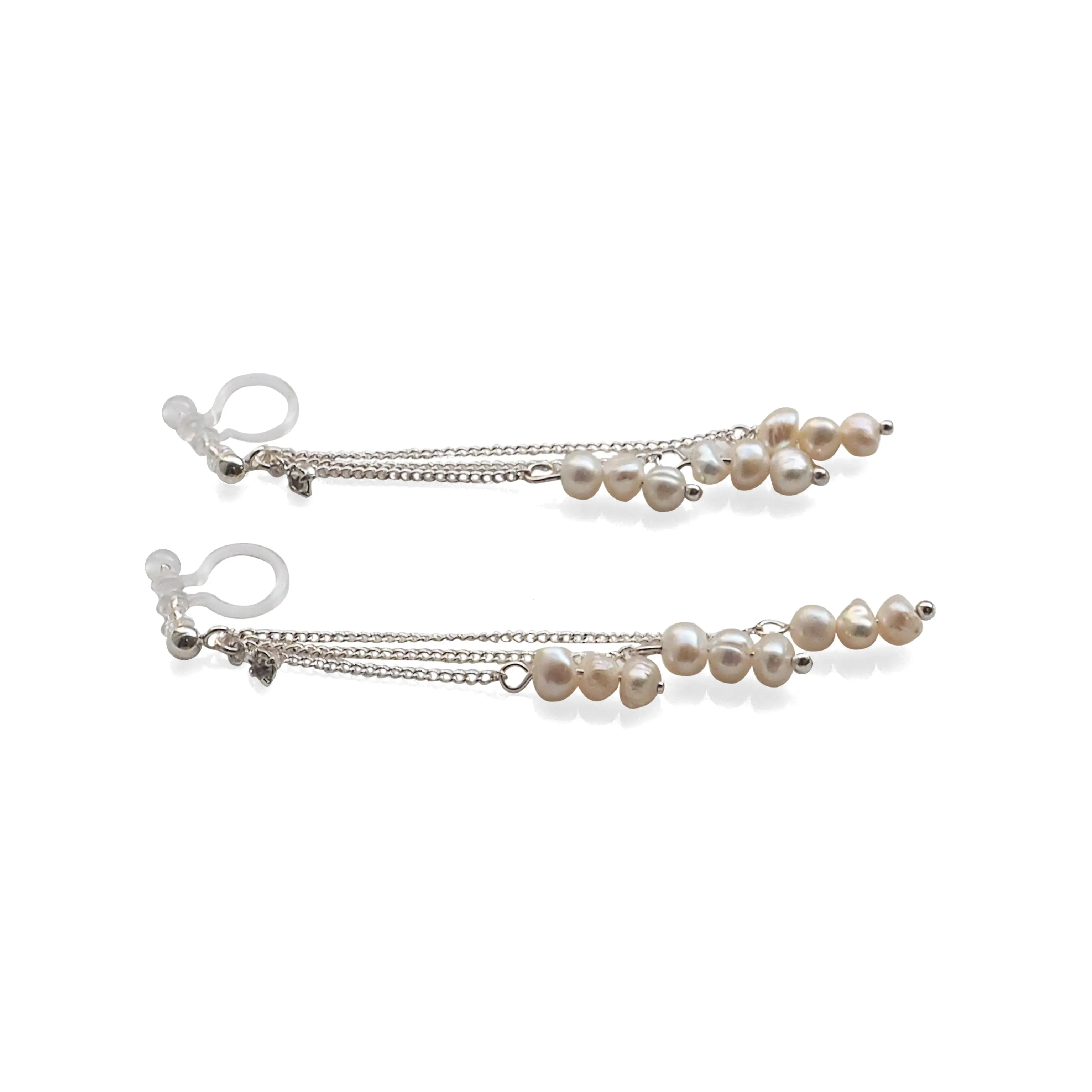 Dangle Beaded White Freshwater Pearl Invisible Clip On Earrings (Silver tone)