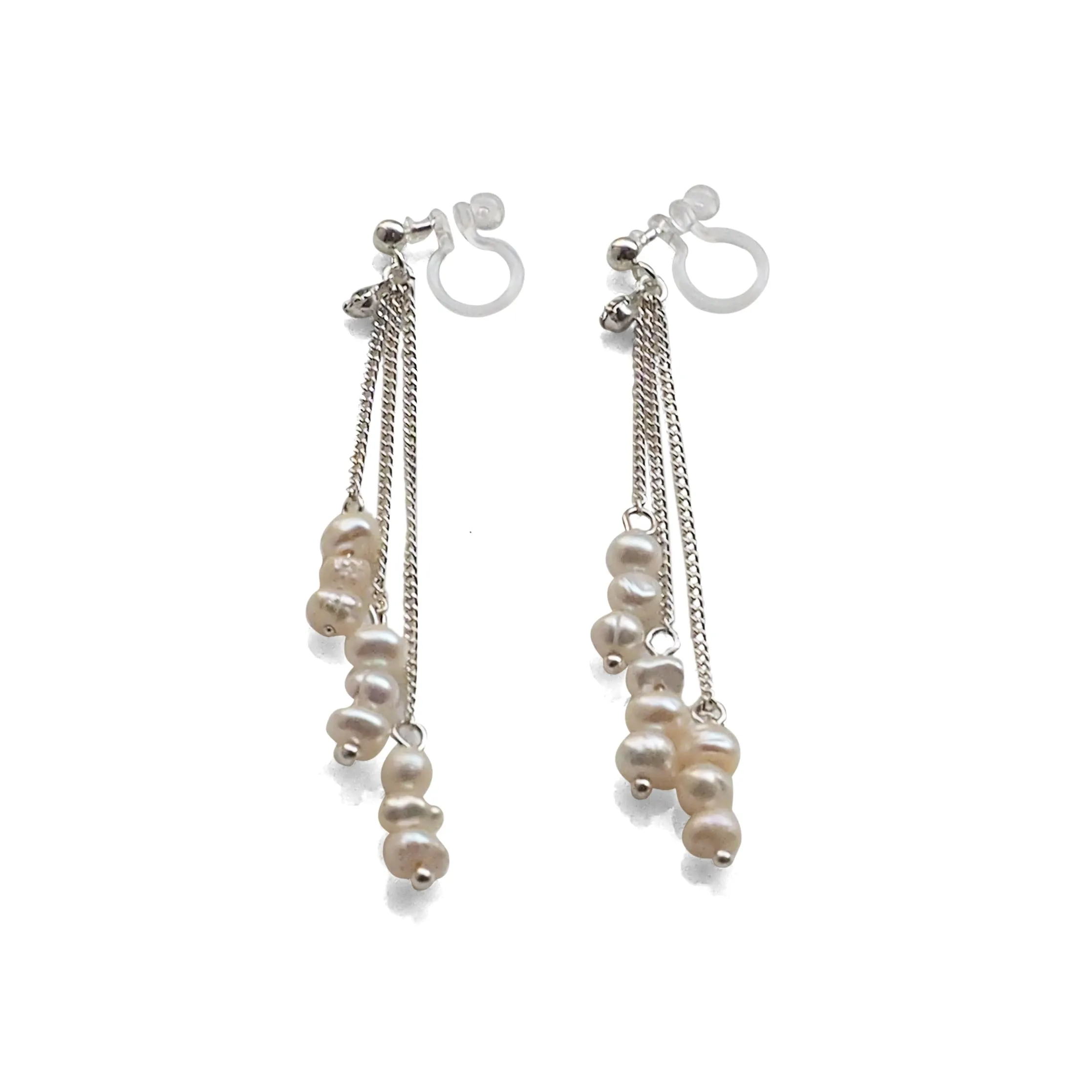 Dangle Beaded White Freshwater Pearl Invisible Clip On Earrings (Silver tone)