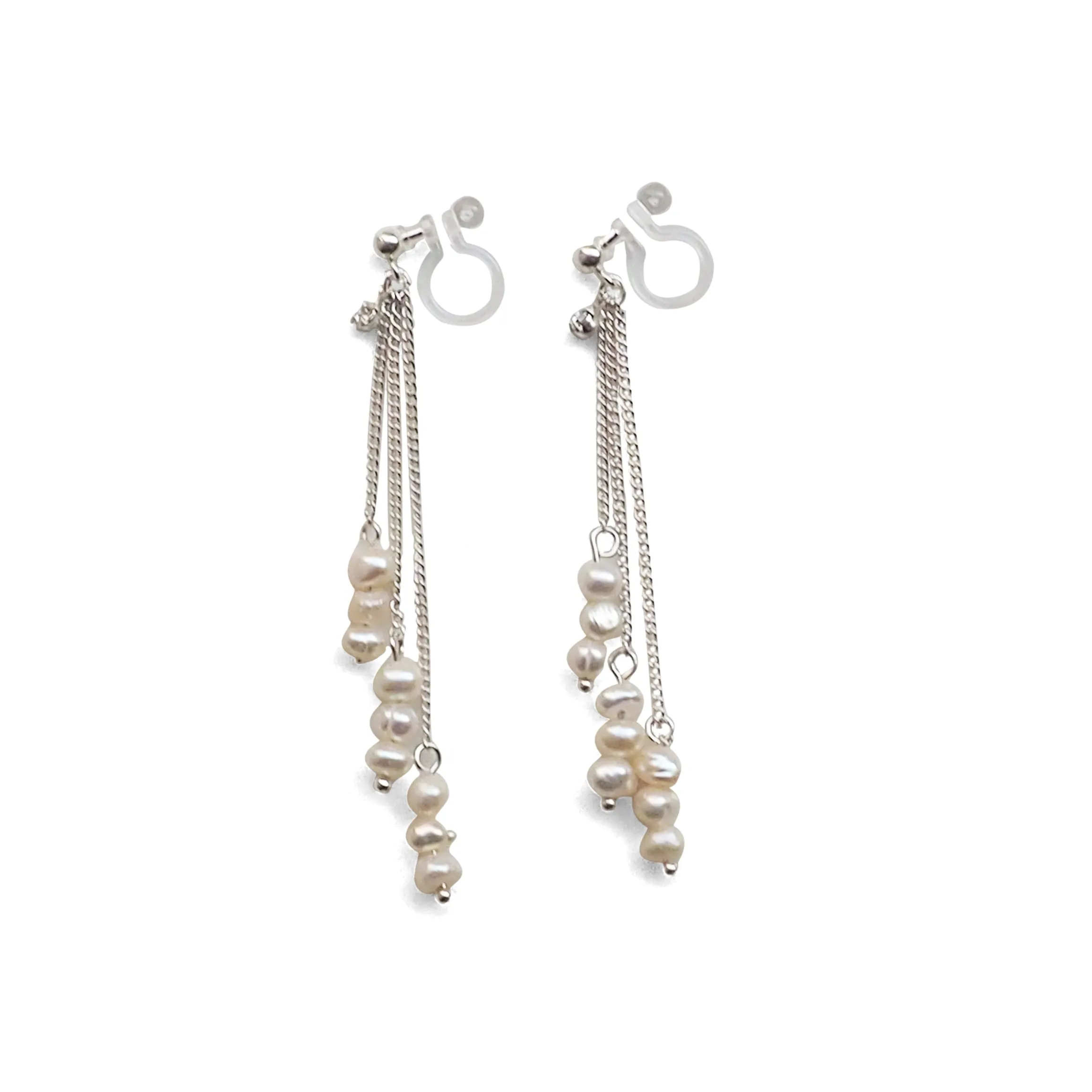 Dangle Beaded White Freshwater Pearl Invisible Clip On Earrings (Silver tone)