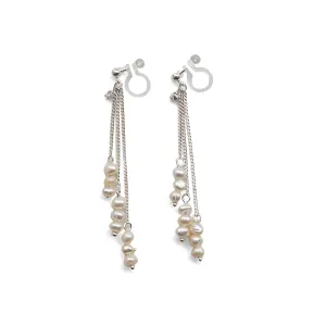 Dangle Beaded White Freshwater Pearl Invisible Clip On Earrings (Silver tone)