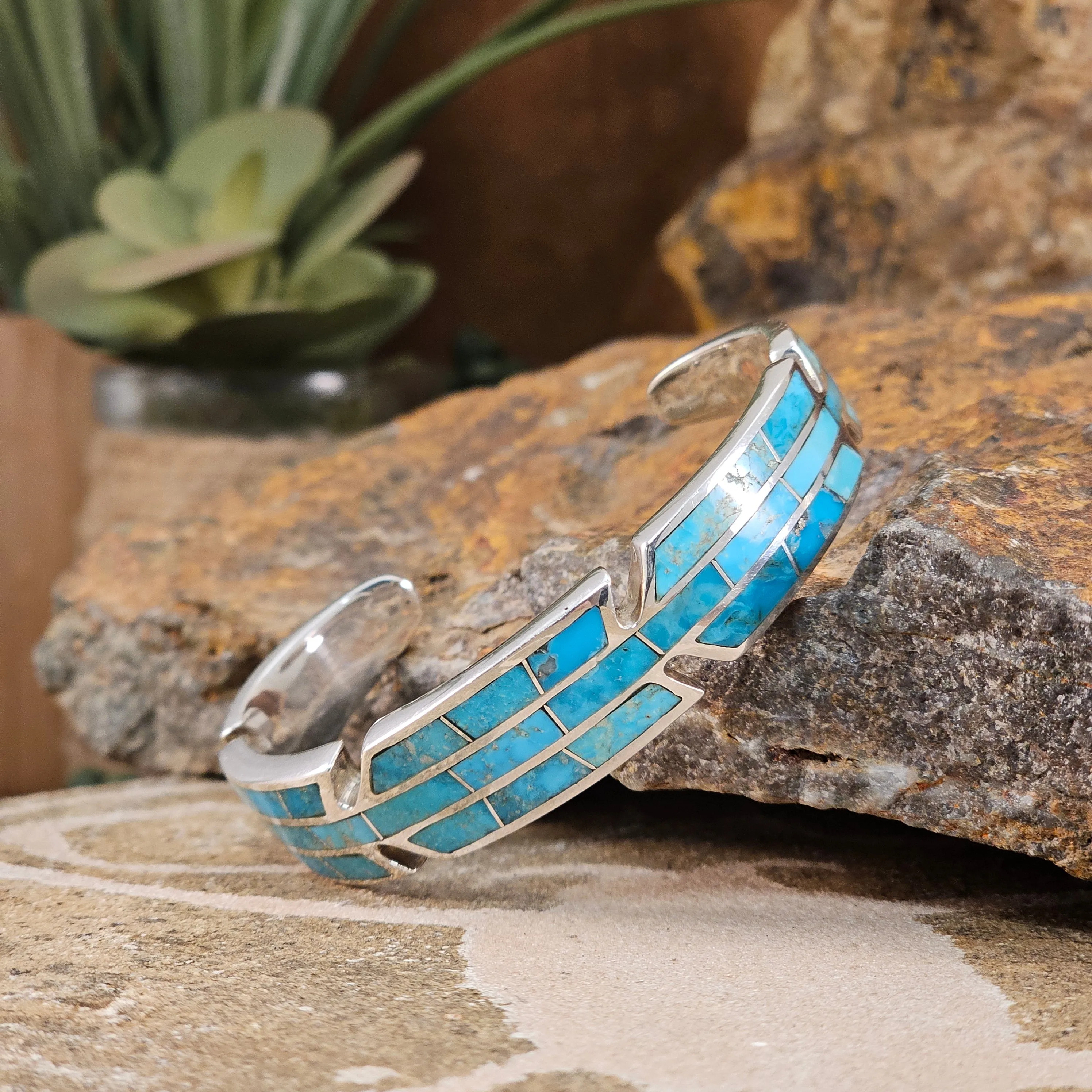 David Rosales Arizona Blue Inlaid Sterling Silver Bracelet - Feather