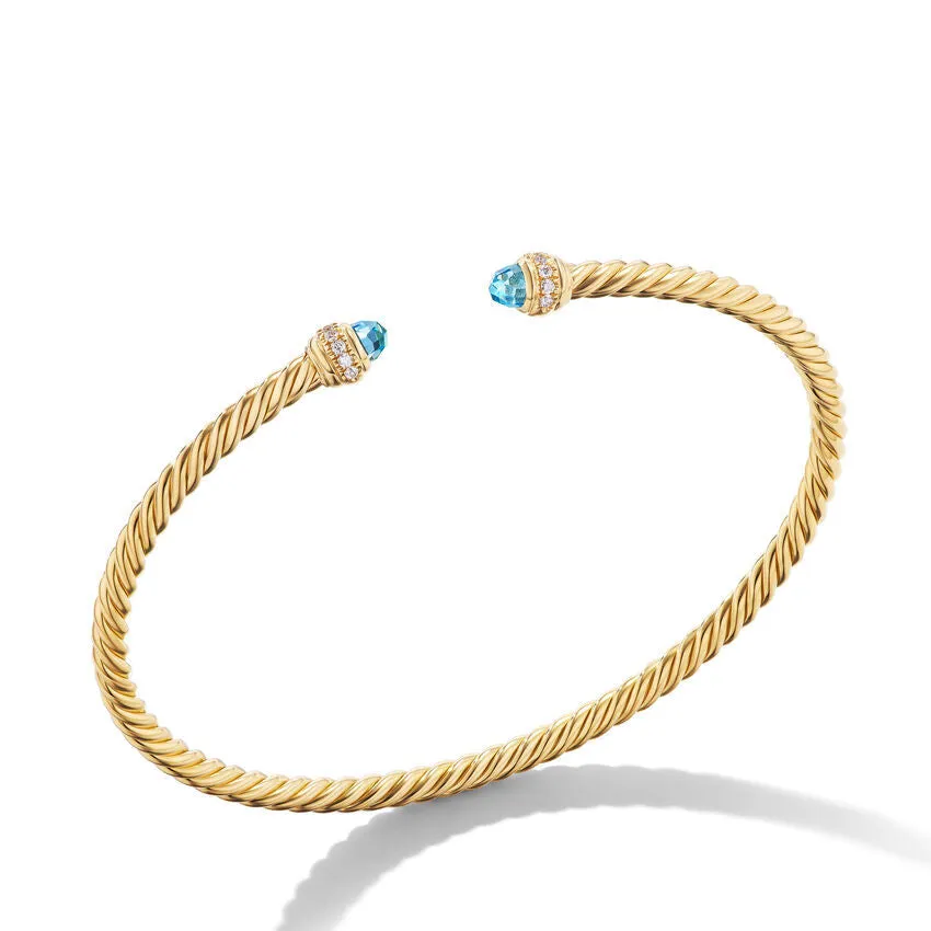 David Yurman Classic Cablespira Bracelet in 18K Yellow Gold with Blue Topaz and Diamonds, 3mm