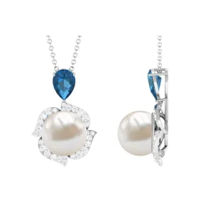 Designer Freshwater Pearl and Moissanite Halo Pendant with London Blue Topaz