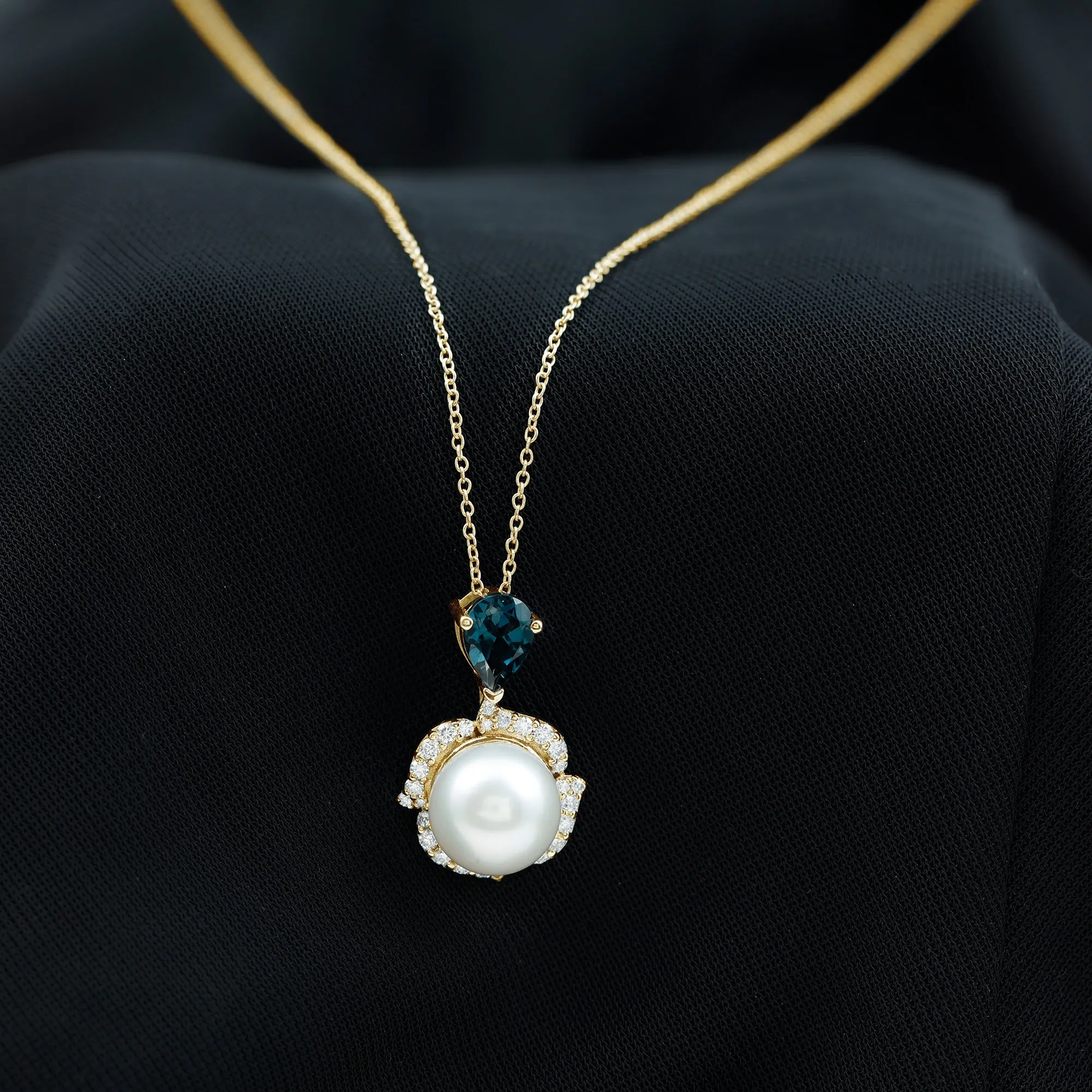 Designer Freshwater Pearl and Moissanite Halo Pendant with London Blue Topaz