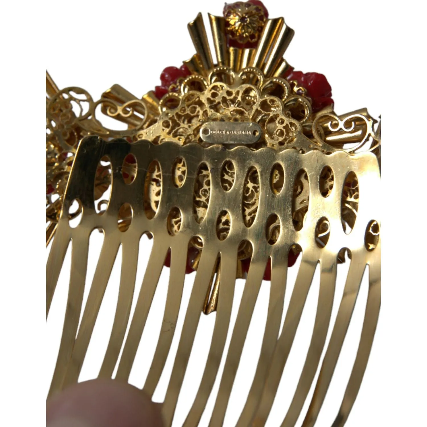 Dolce & Gabbana Gold Brass Crystal Heart Floral Hair Comb