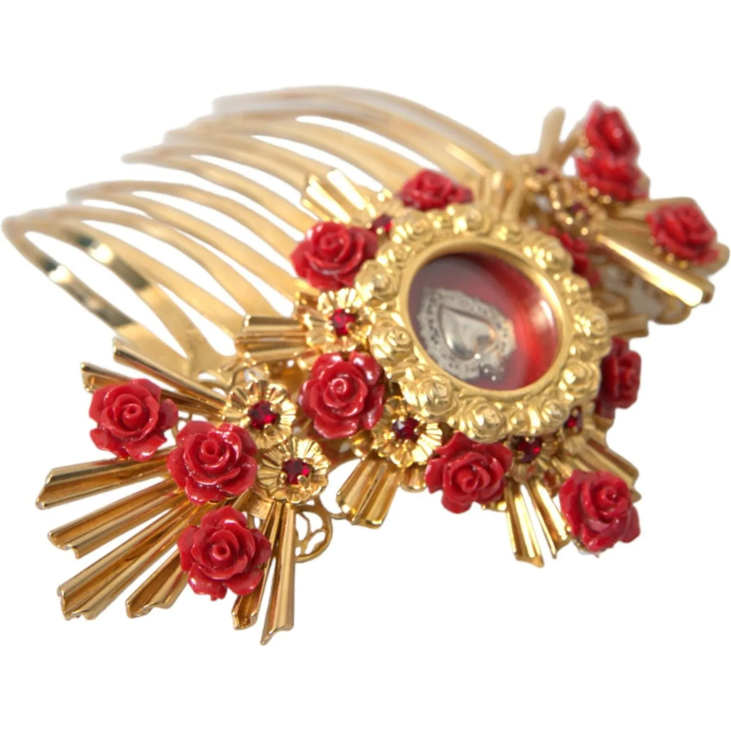 Dolce & Gabbana Gold Brass Crystal Heart Floral Hair Comb