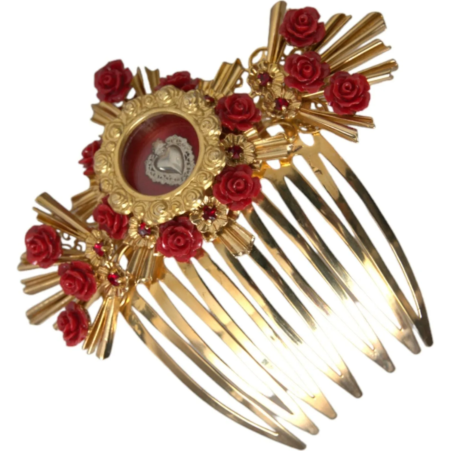 Dolce & Gabbana Gold Brass Crystal Heart Floral Hair Comb