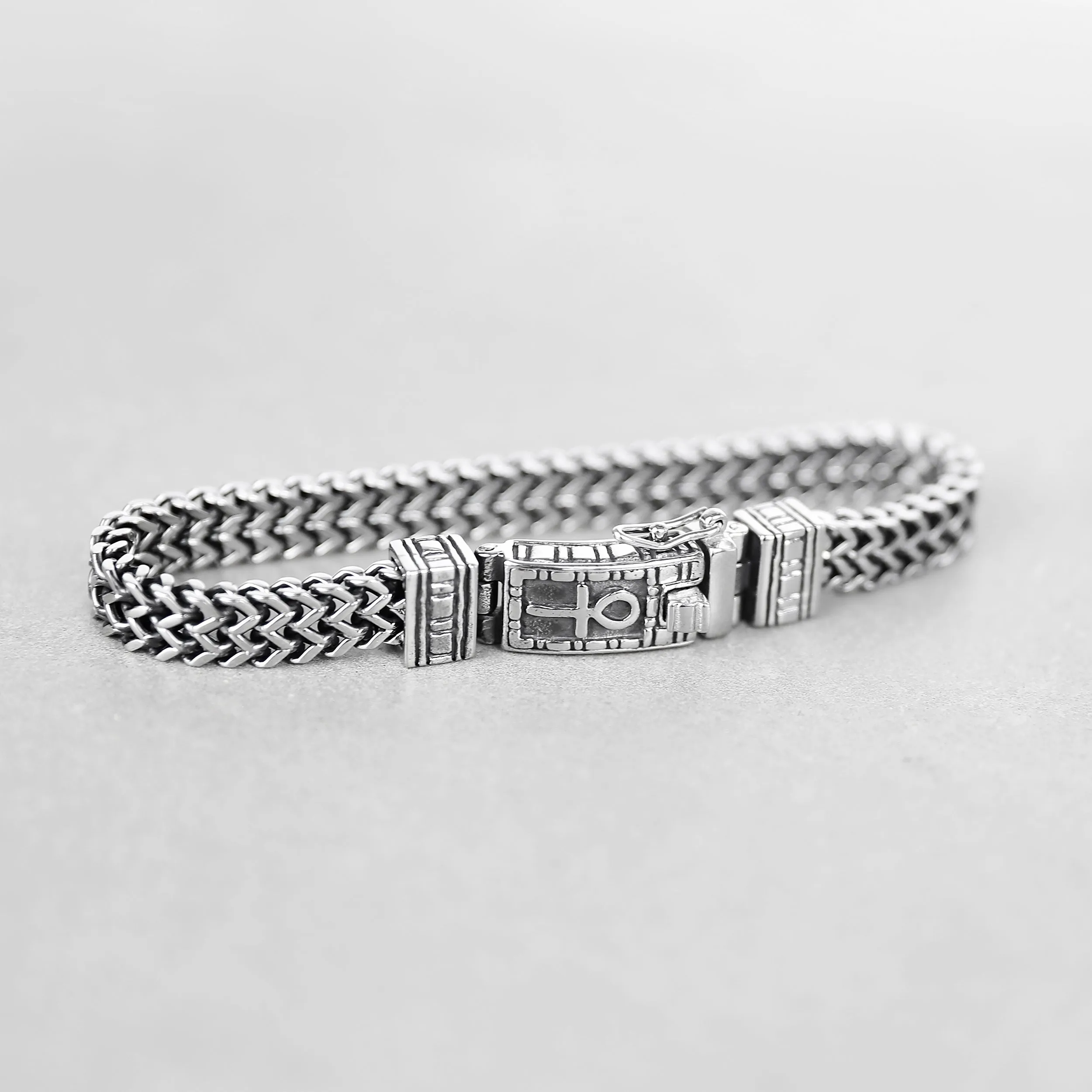 Double Franco Cross Chain Bracelet - Silver 8mm