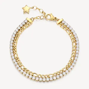 Double-Strand Link Crystal and Figaro Bracelet in Gold Plated Stainless Steel