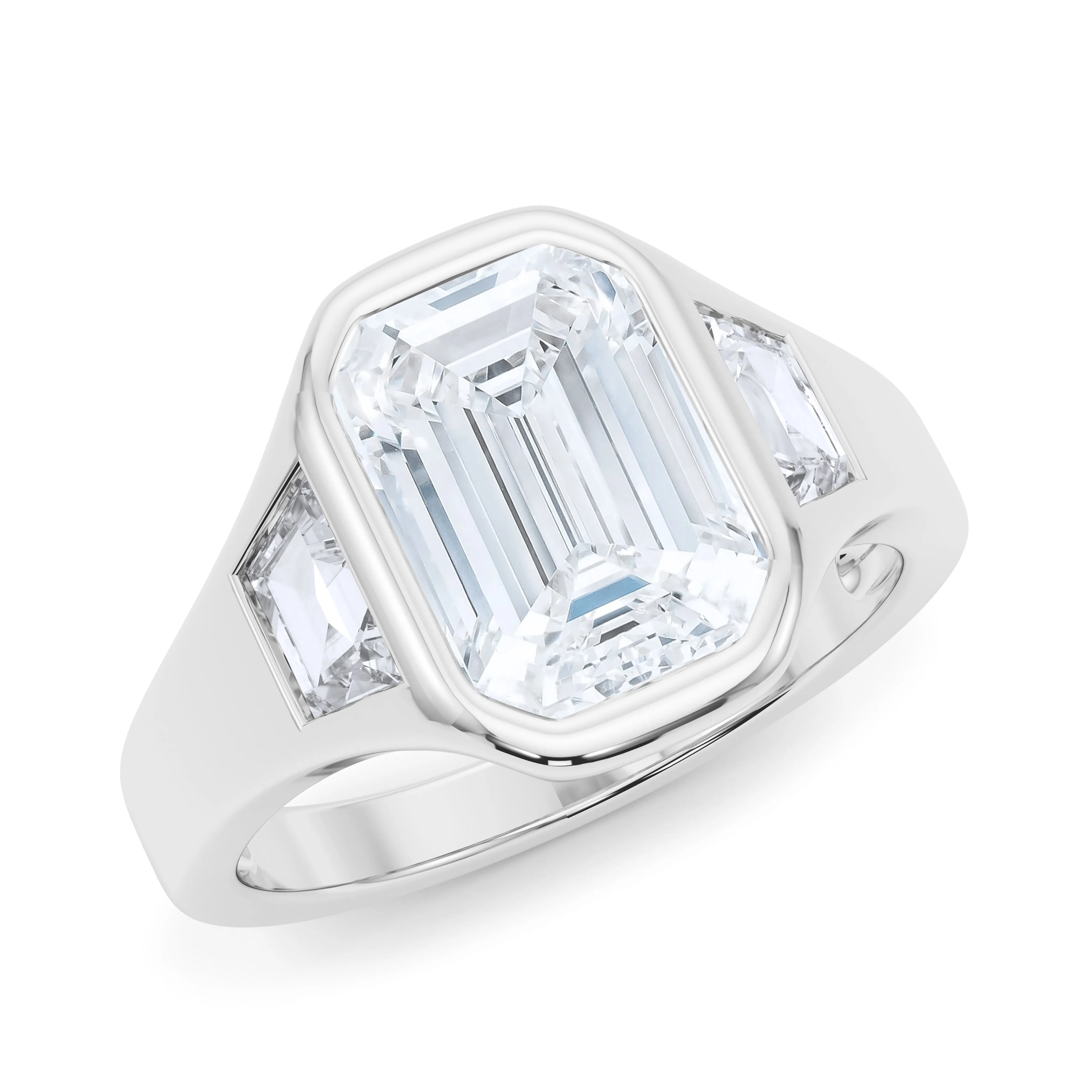 Emerald Cut Diamond Ring With Trapezoids Bezel