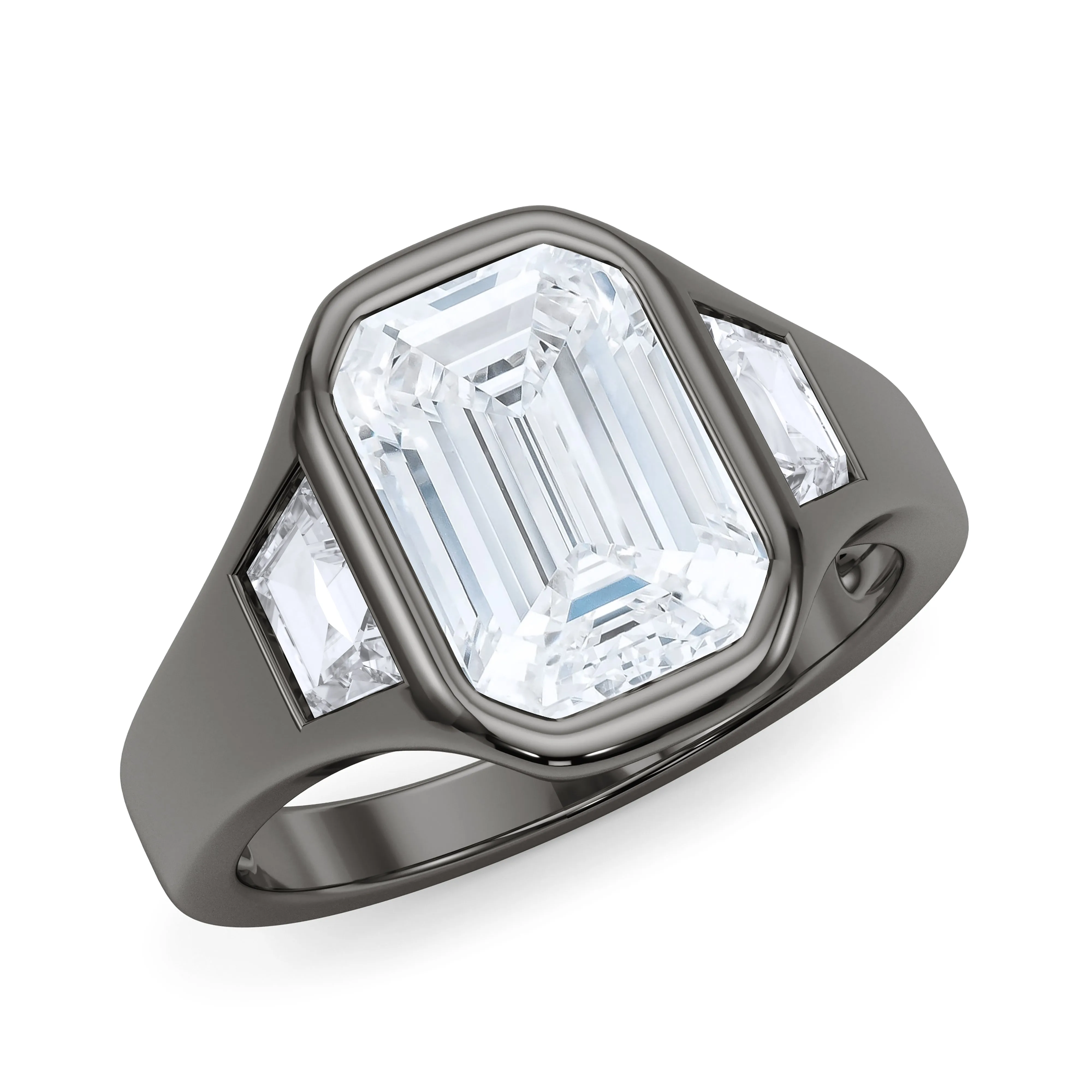 Emerald Cut Diamond Ring With Trapezoids Bezel