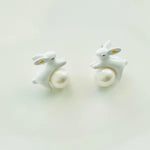 Enamel White Rabbit Pearl Stud Earrings ( Pre-order, available in 2 weeks)