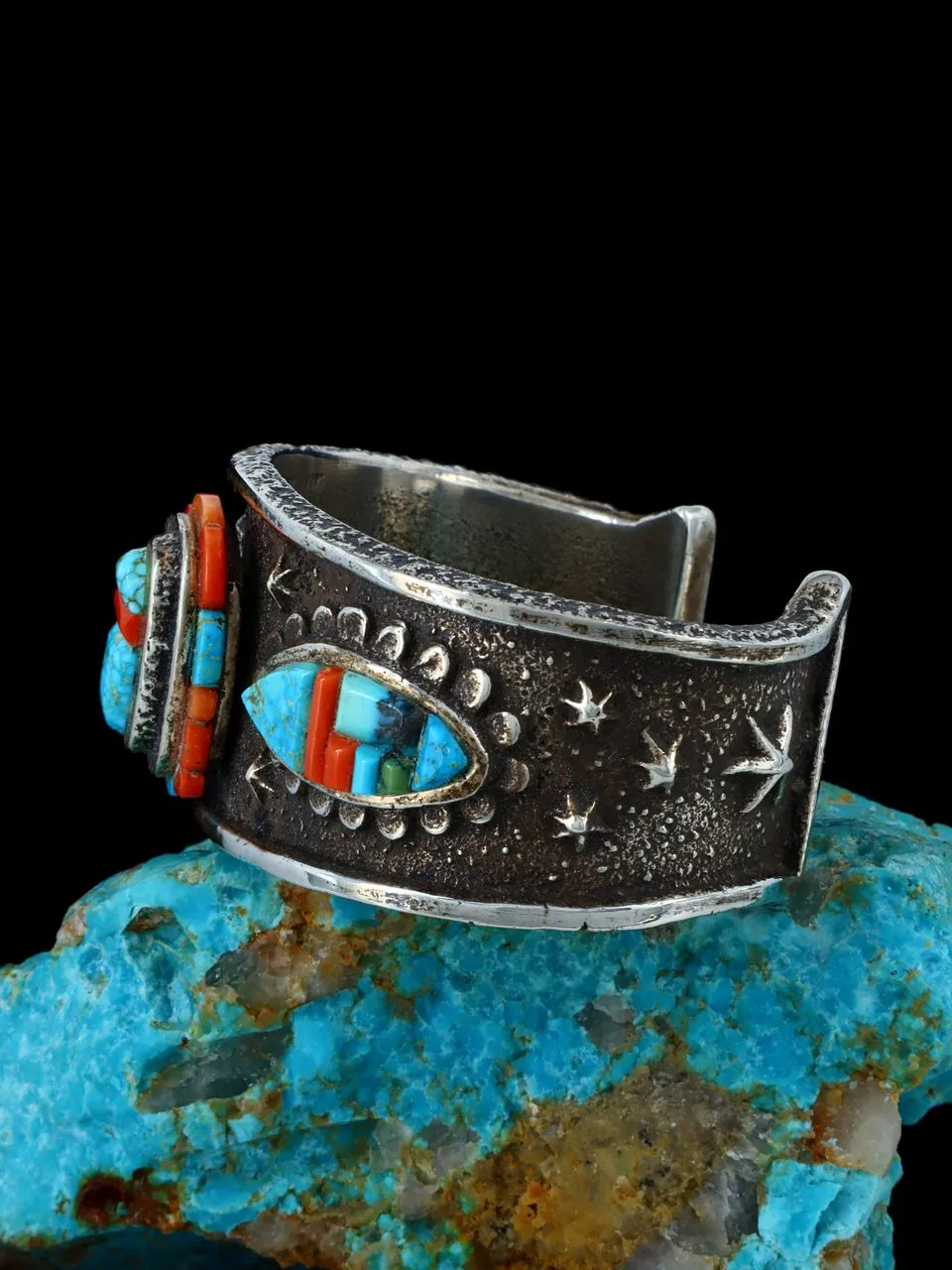 Estate Native American Sterling Silver Inlay Turquoise and Coral Bracelet