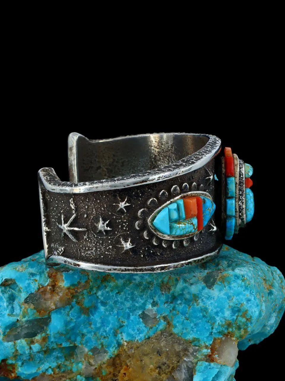 Estate Native American Sterling Silver Inlay Turquoise and Coral Bracelet