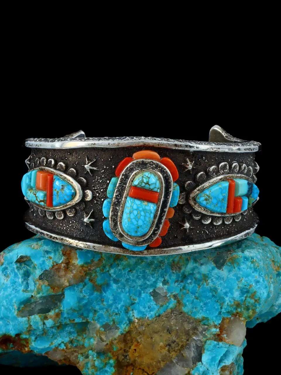 Estate Native American Sterling Silver Inlay Turquoise and Coral Bracelet