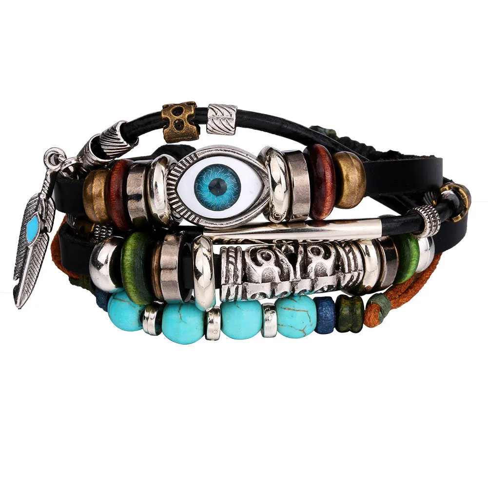 European and American foreign Trade New Personality Retro Turquoise Sunflower Multi-layer Punk Handmade Leather Braided Bracelet Wholesale